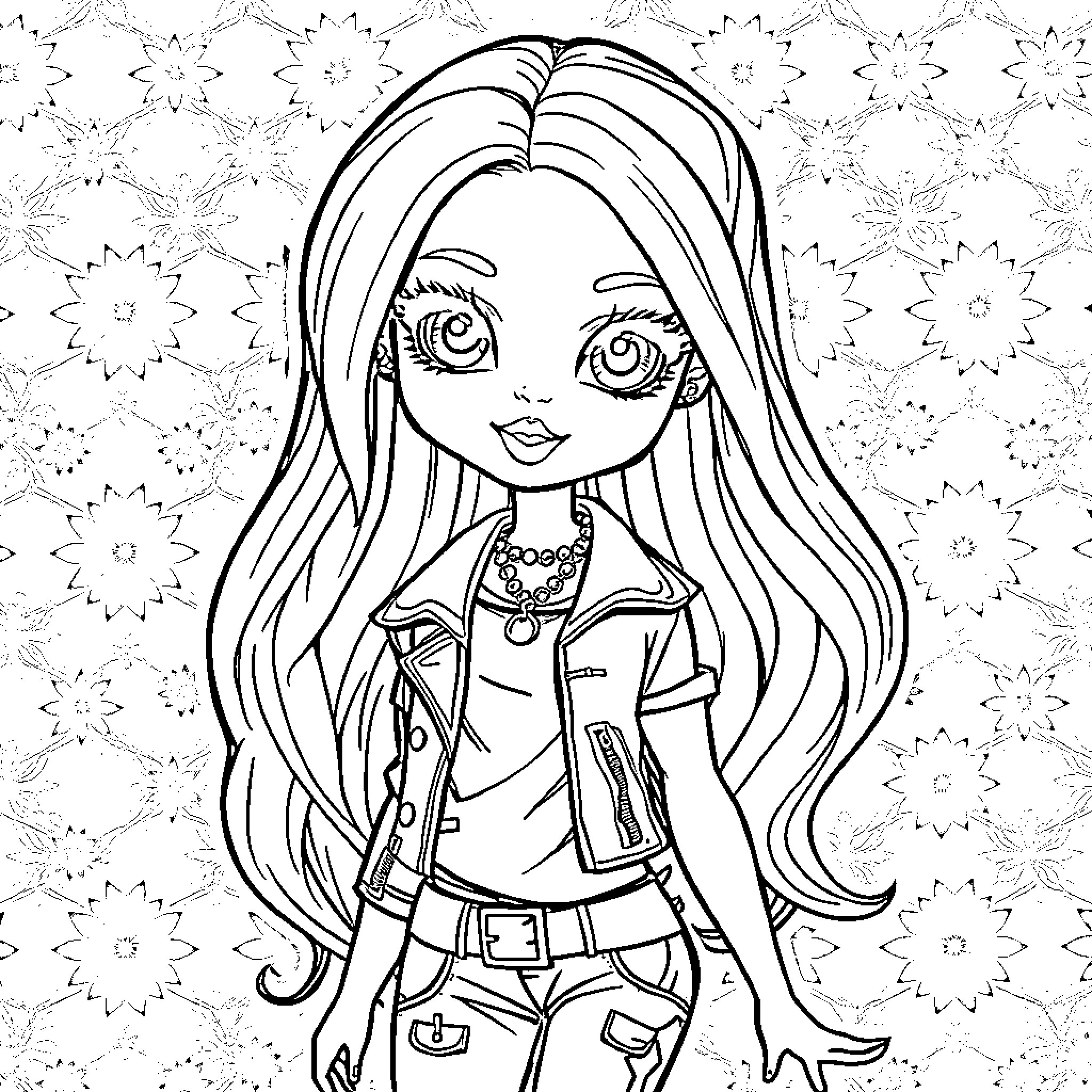 Cloe's Stylish Outfit and Expression Coloring Page (free black-and-white line drawing printable PDF for all, from beginners to advanced learners, including children, teens, adults, and seniors)
