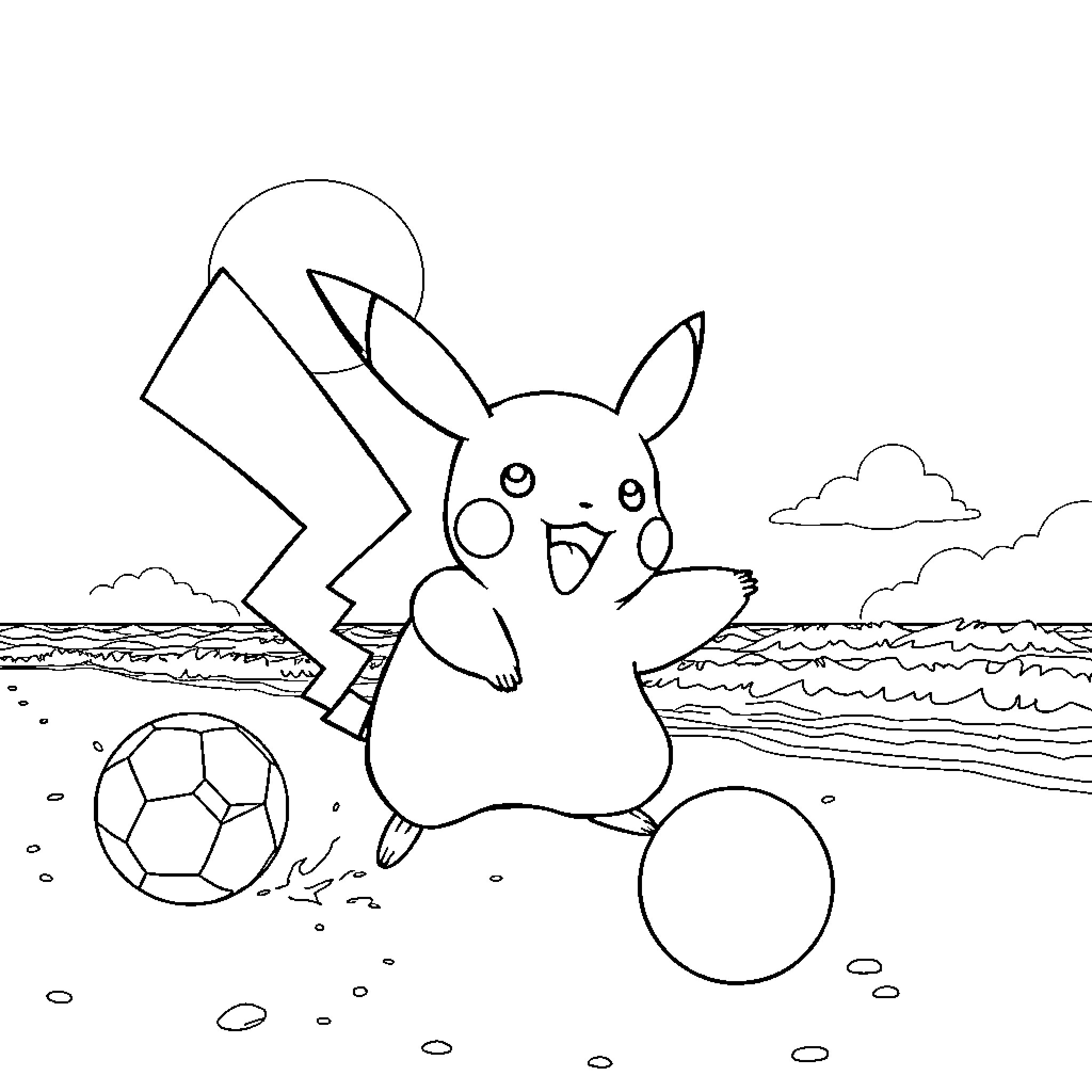 Pikachu playing with a soccer ball on the beach Coloring Page (free black-and-white line drawing printable PDF for all, from beginners to advanced learners, including children, teens, adults, and seniors)