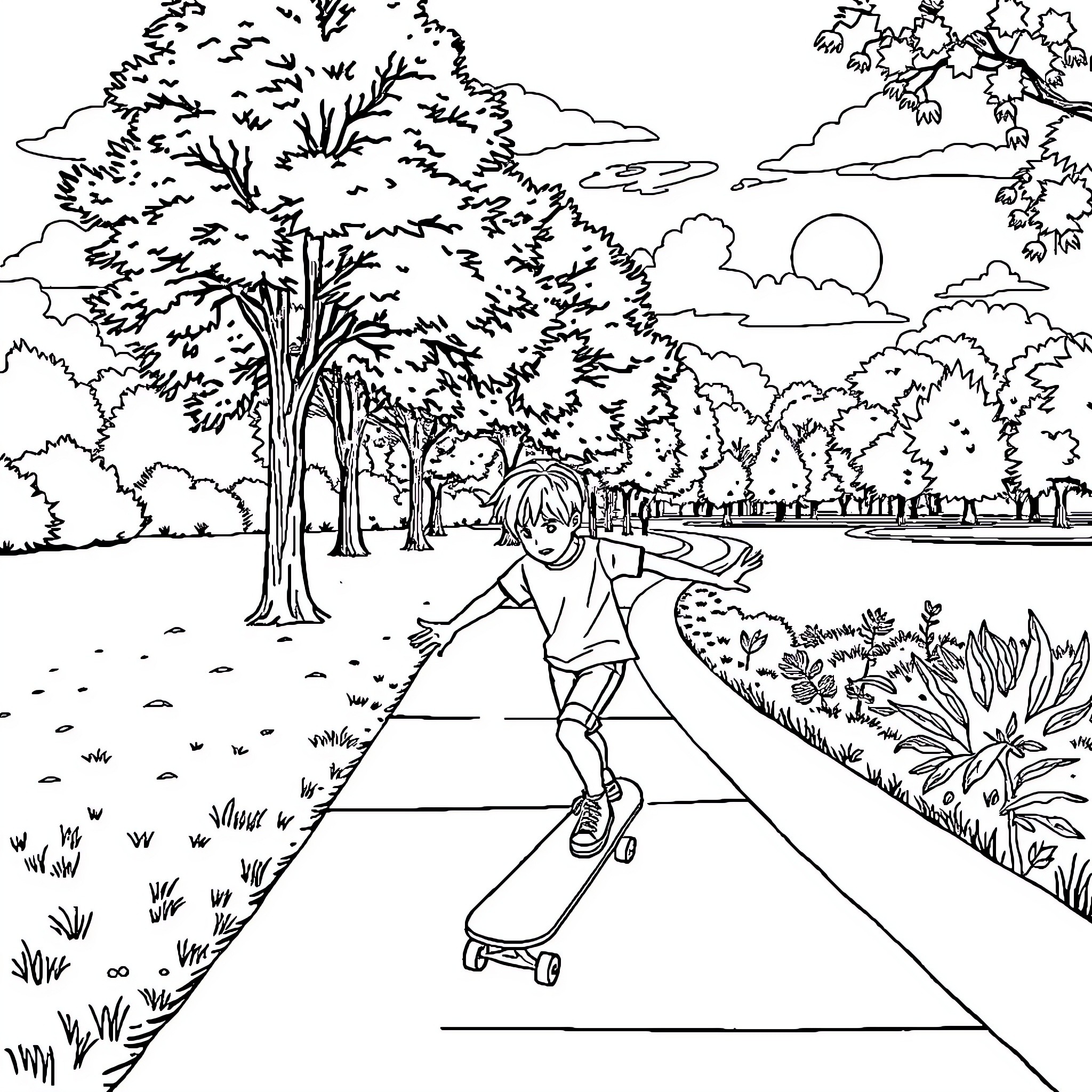 Boy skateboarding through scenic park landscape Coloring Page (free black-and-white line drawing printable PDF for all, from beginners to advanced learners, including children, teens, adults, and seniors)