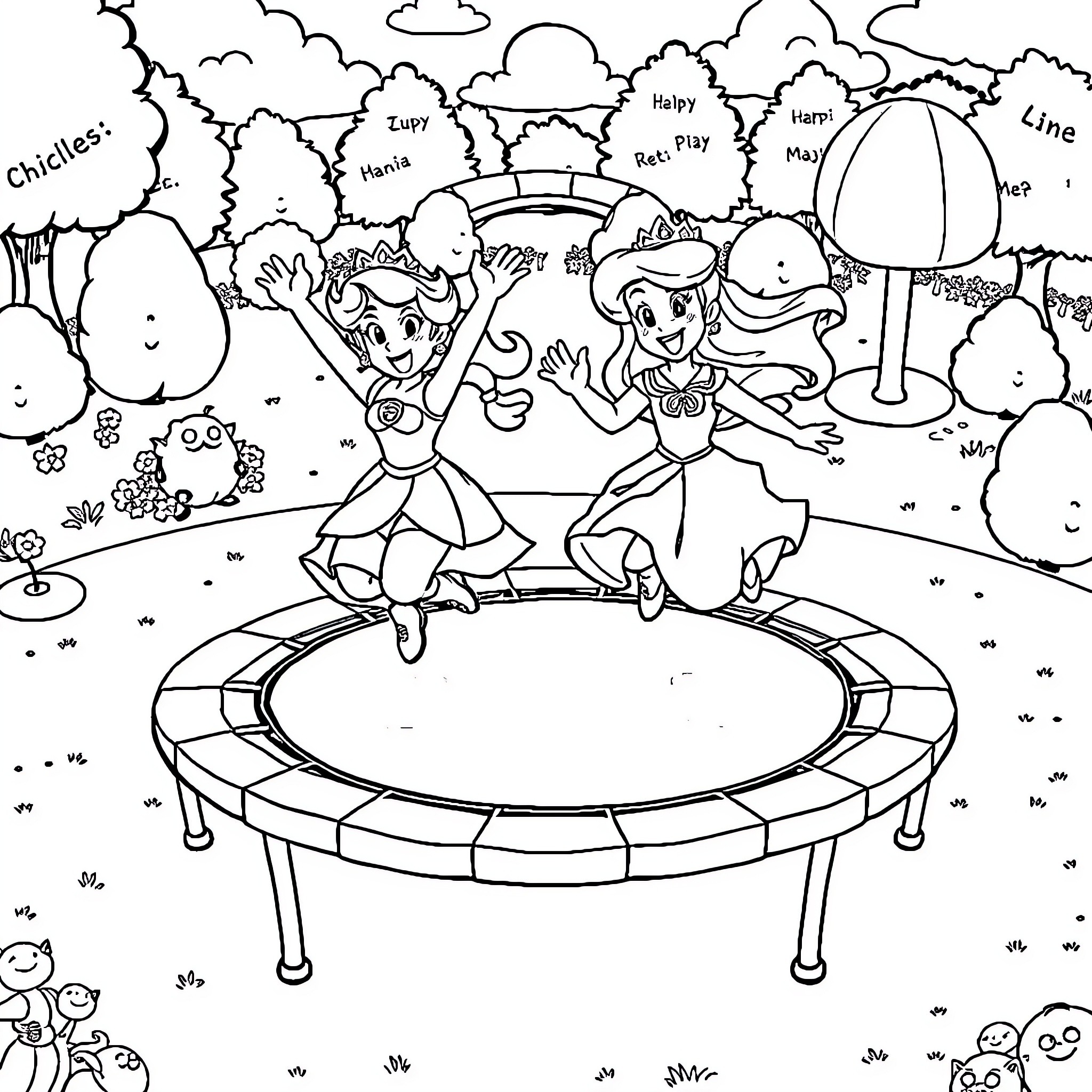 Princess Bouncing Playfully on Trampoline Coloring Page (free black-and-white line drawing printable PDF for all, from beginners to advanced learners, including children, teens, adults, and seniors)