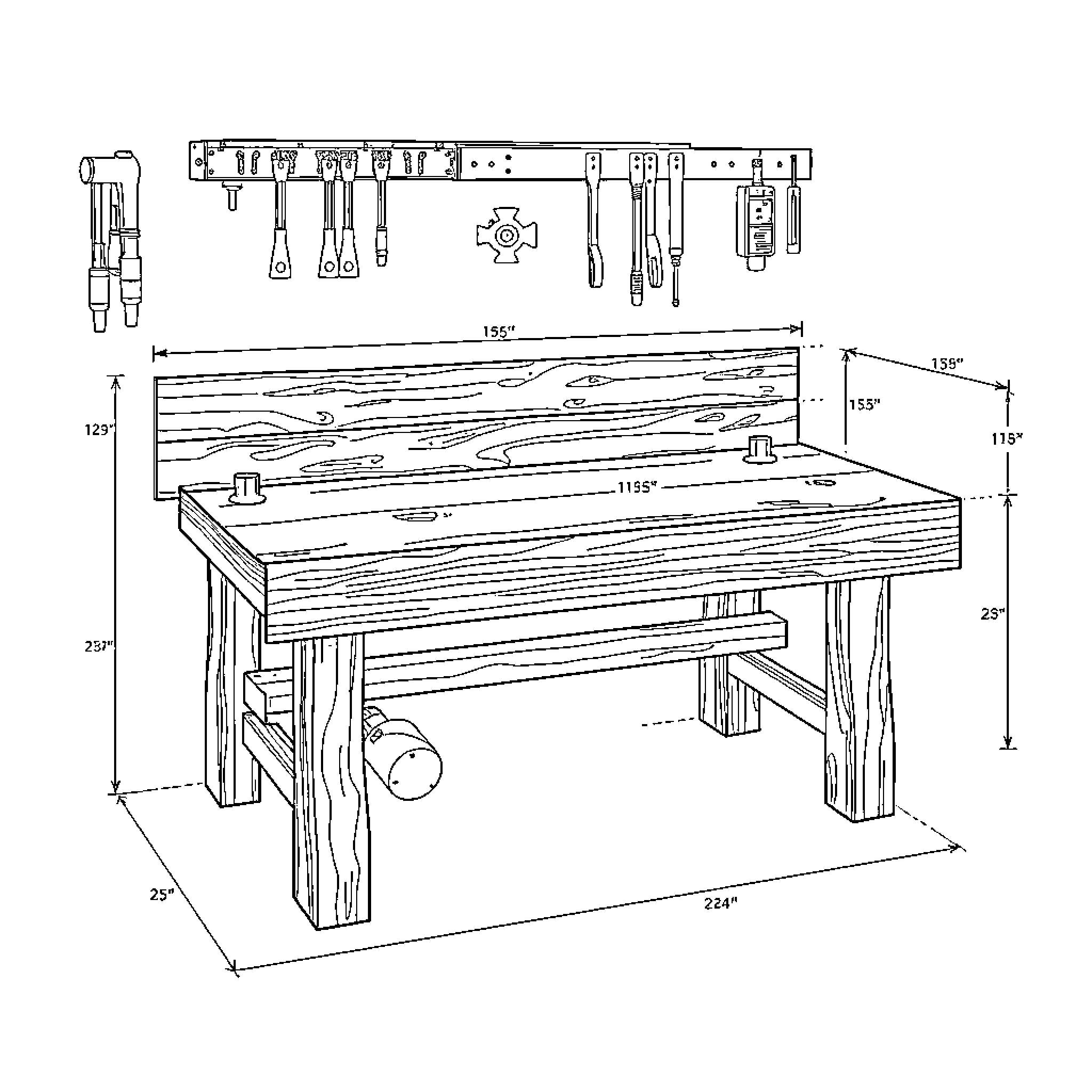 Workbench with various tools and woodworking equipment Coloring Page (free black-and-white line drawing printable PDF for all, from beginners to advanced learners, including children, teens, adults, and seniors)