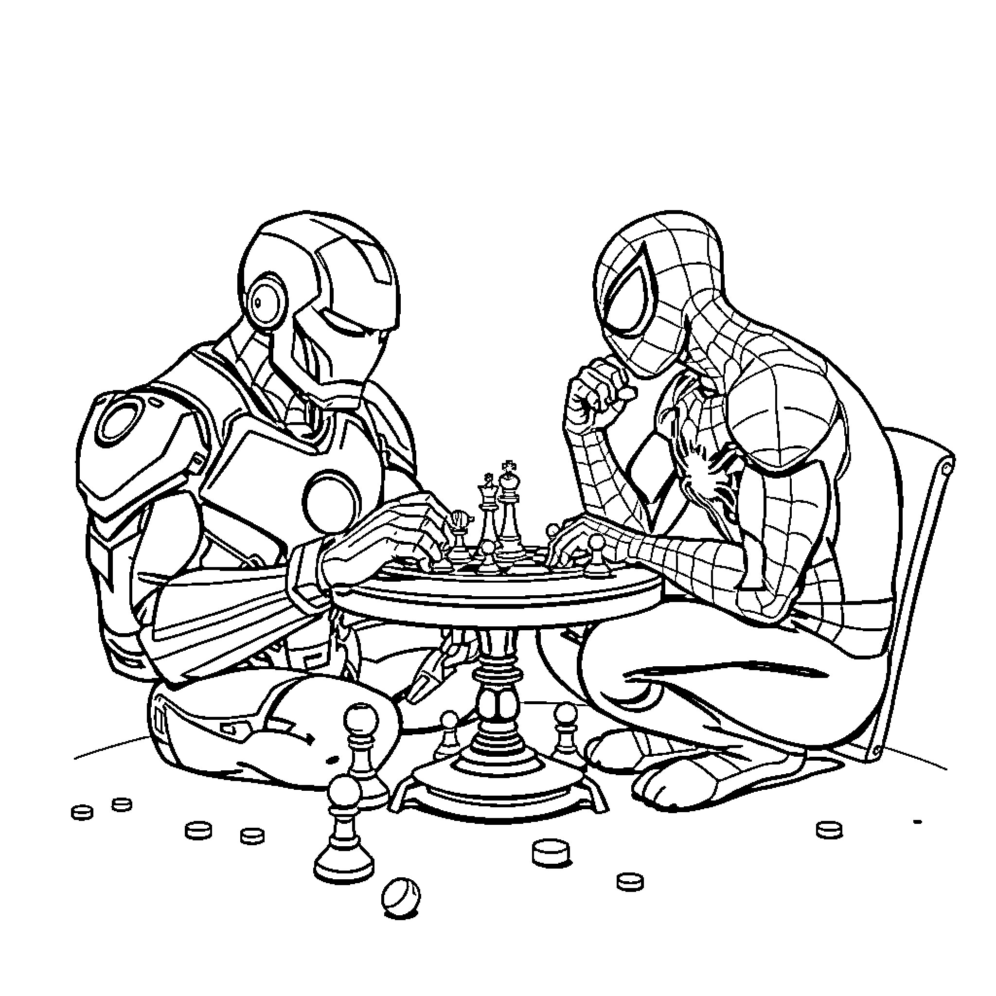 Ironman and Spiderman play a game of chess Coloring Page (free black-and-white line drawing printable PDF for all, from beginners to advanced learners, including children, teens, adults, and seniors)