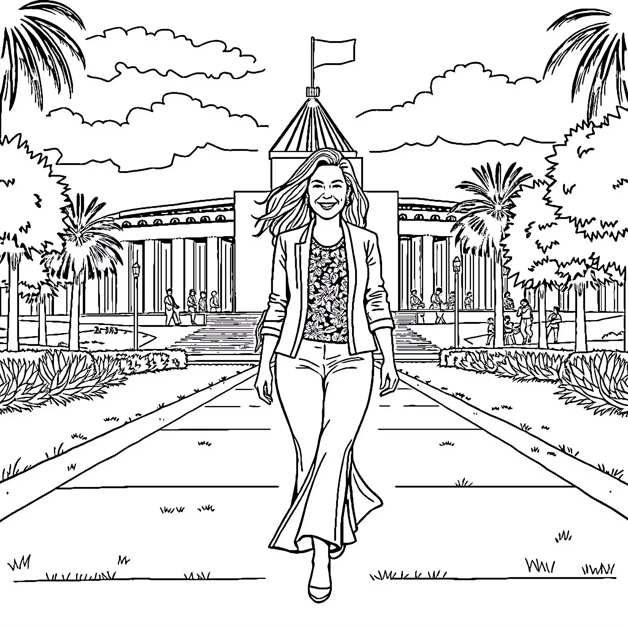 Malarndirri McCarthy walking confidently in tropical setting Coloring Page (free black-and-white line drawing printable PDF for all, from beginners to advanced learners, including children, teens, adults, and seniors)
