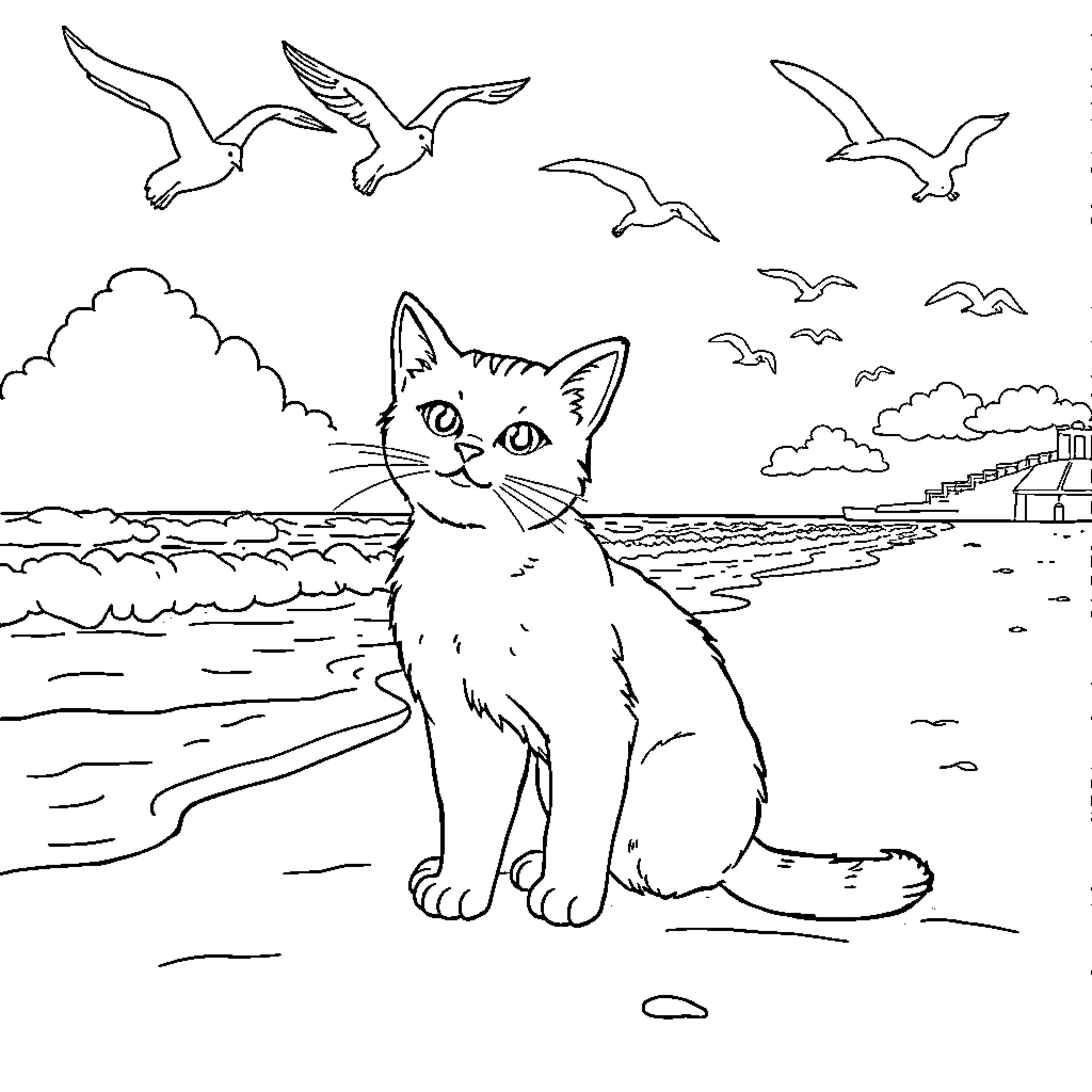 Cat watching seagulls at the beach Coloring Page (free black-and-white line drawing printable PDF for all, from beginners to advanced learners, including children, teens, adults, and seniors)