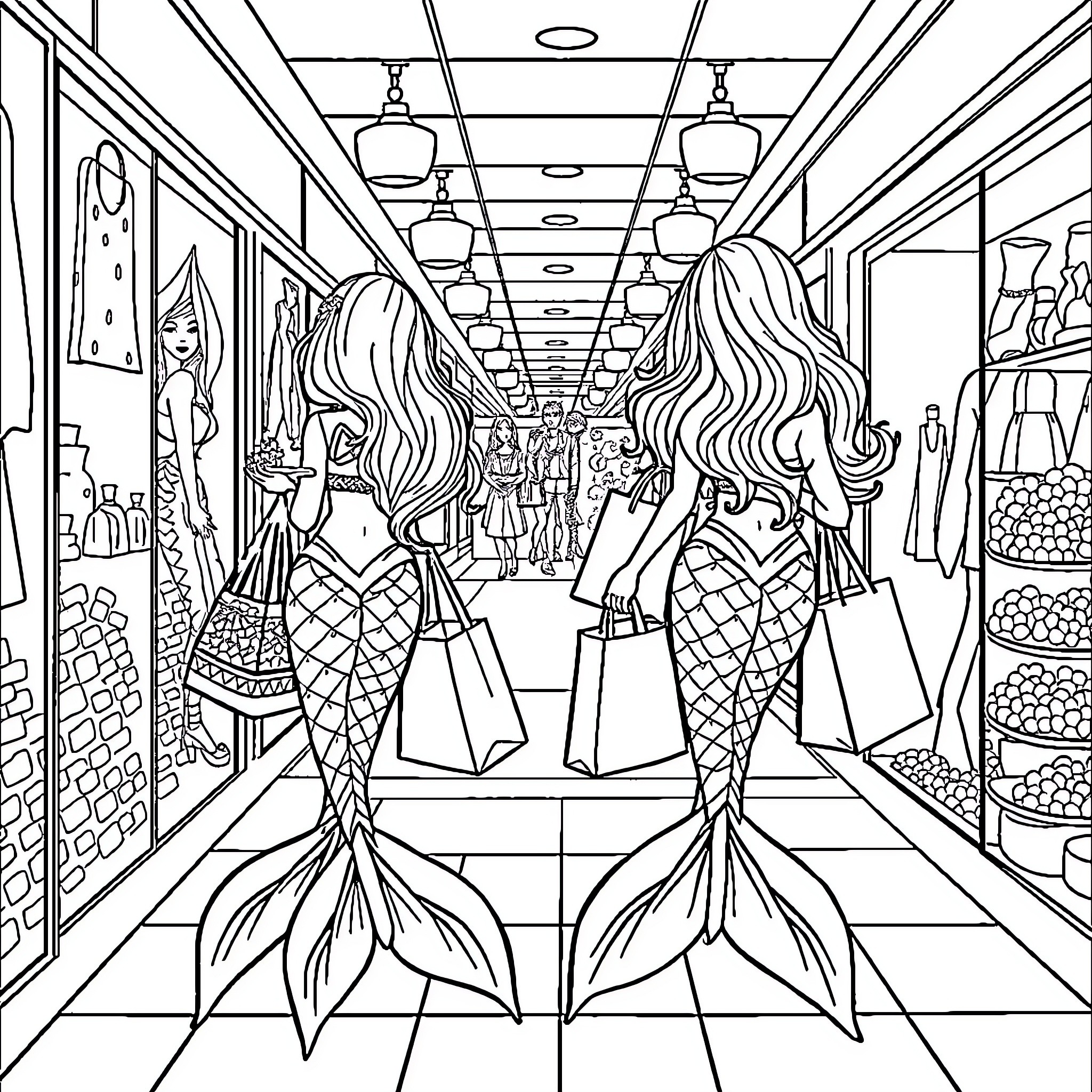 Mermaid shopping in a bustling market Coloring Page (free black-and-white line drawing printable PDF for all, from beginners to advanced learners, including children, teens, adults, and seniors)