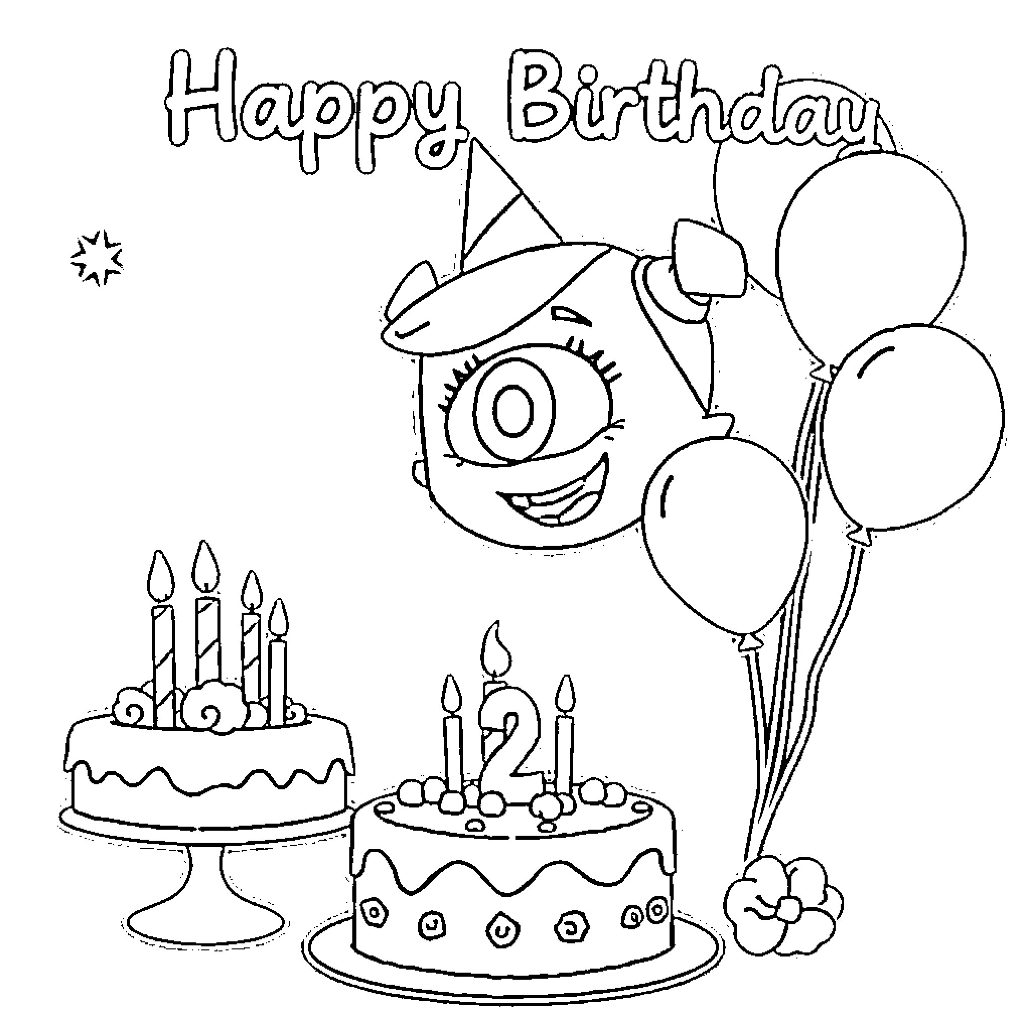 Boo celebrates a happy birthday with cakes and balloons Coloring Page (free black-and-white line drawing printable PDF for all, from beginners to advanced learners, including children, teens, adults, and seniors)