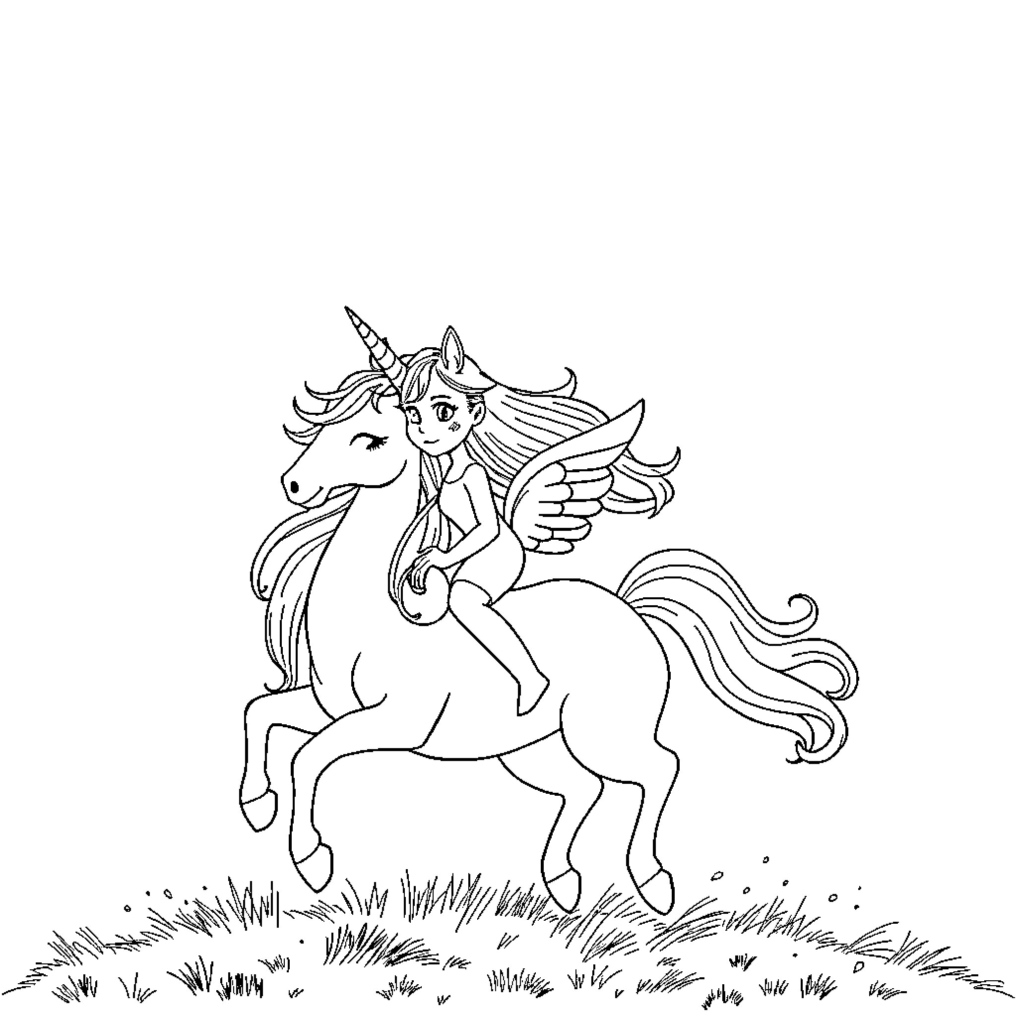 Girl riding a majestic unicorn in a grassy field Coloring Page (free black-and-white line drawing printable PDF for all, from beginners to advanced learners, including children, teens, adults, and seniors)