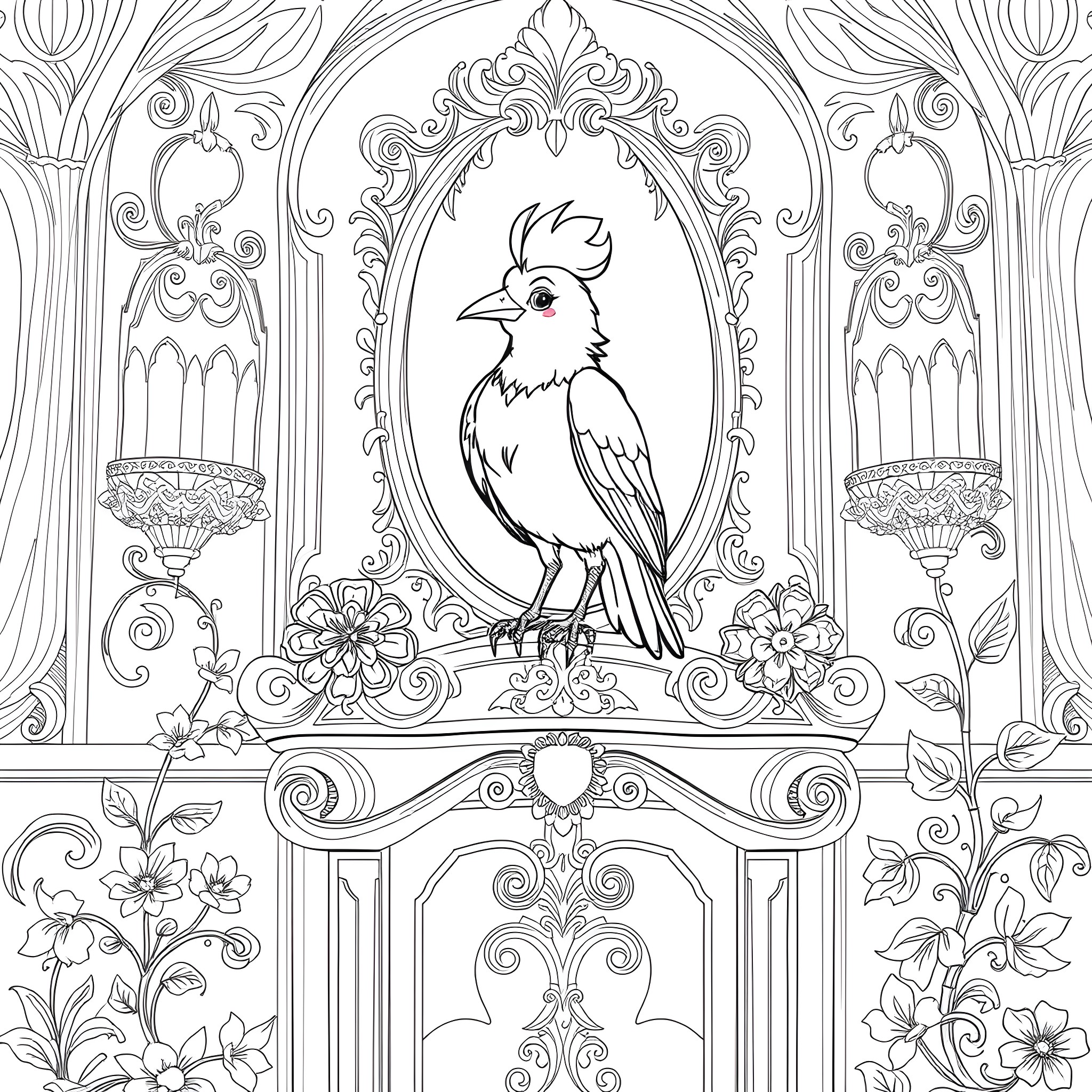 Babette's Enchanting Aviary Coloring Page (free black-and-white line drawing printable PDF for all, from beginners to advanced learners, including children, teens, adults, and seniors)