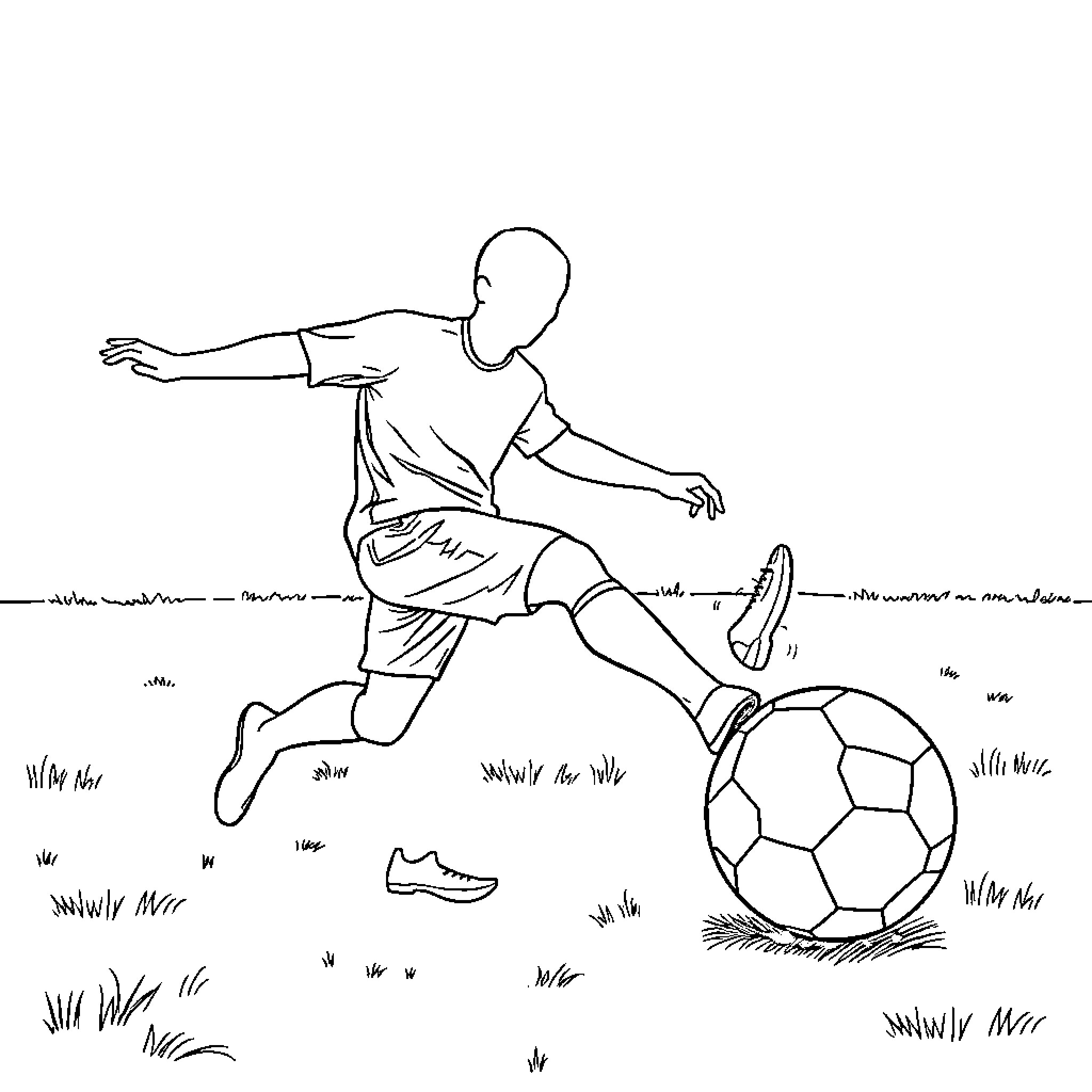 Football player dribbling the ball on the field Coloring Page (free black-and-white line drawing printable PDF for all, from beginners to advanced learners, including children, teens, adults, and seniors)