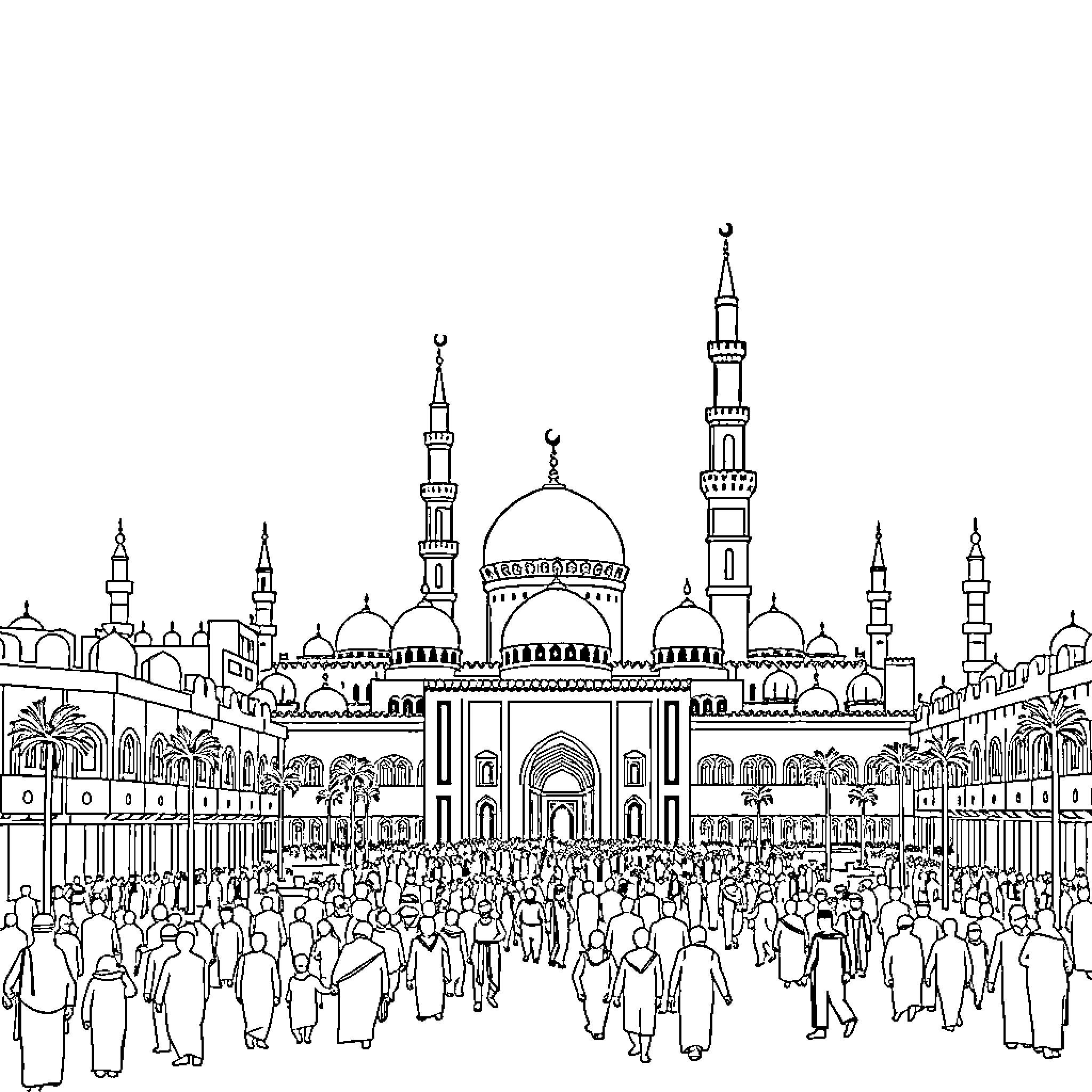 Al Madinah Al Munawwarah - Bustling Crowd at Mosque Coloring Page (free black-and-white line drawing printable PDF for all, from beginners to advanced learners, including children, teens, adults, and seniors)