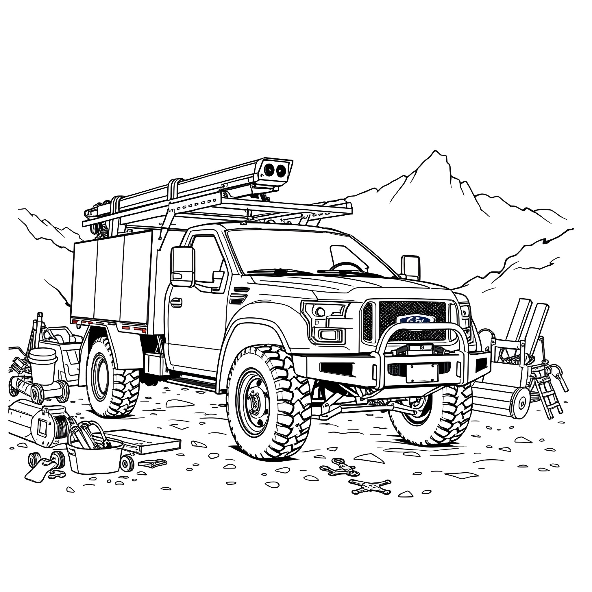 Utility Truck Navigating Rugged Terrain Coloring Page (free black-and-white line drawing printable PDF for all, from beginners to advanced learners, including children, teens, adults, and seniors)