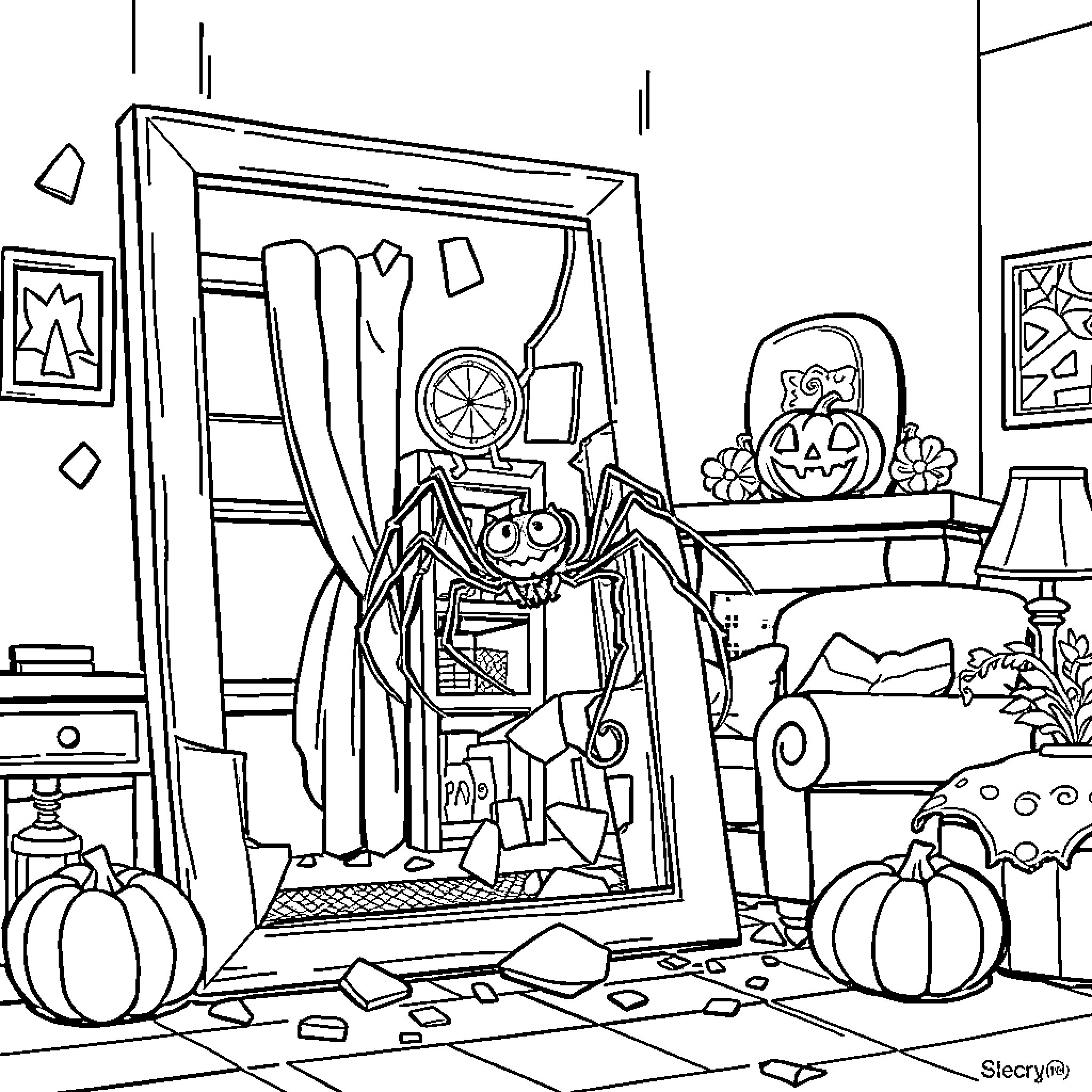 Spider-themed decorations spilled across messy living room Coloring Page (free black-and-white line drawing printable PDF for all, from beginners to advanced learners, including children, teens, adults, and seniors)