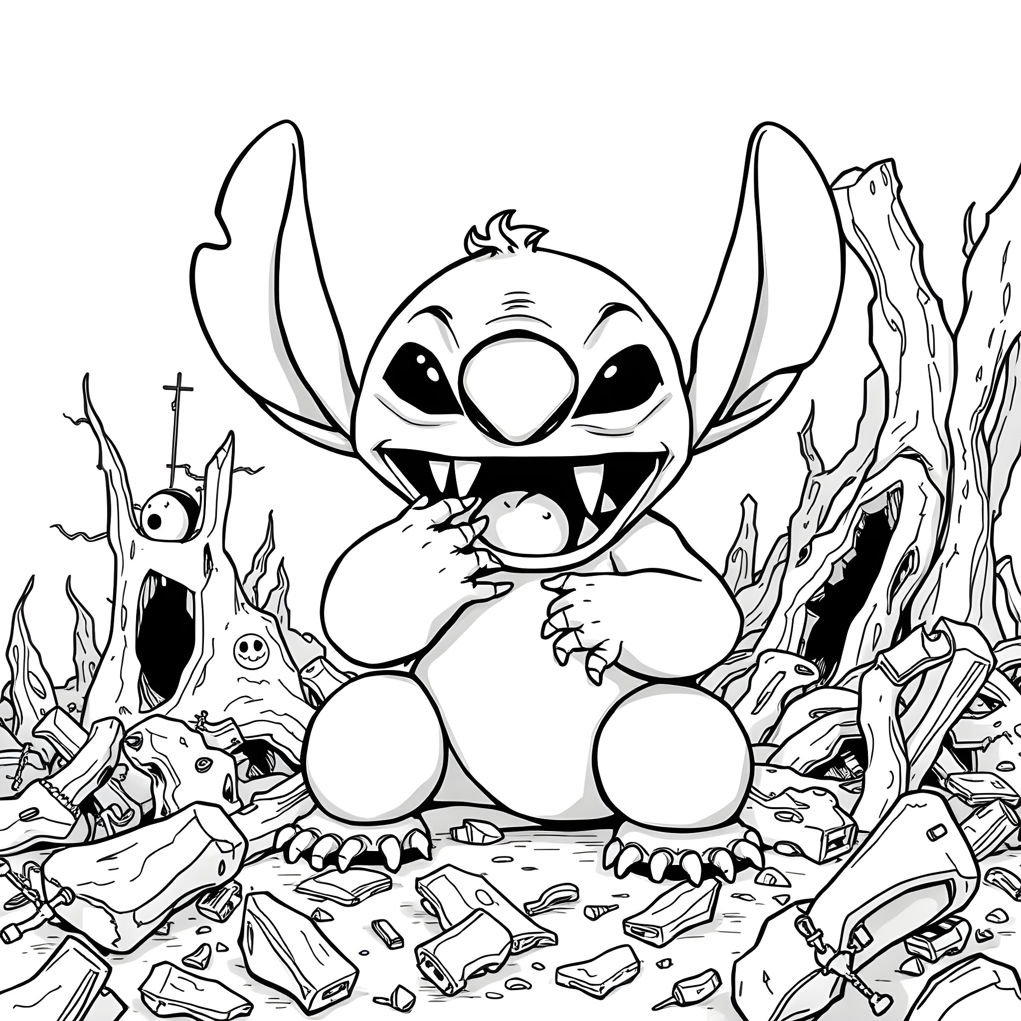 Stitch enjoying a playful adventure in the wilderness Coloring Page (free black-and-white line drawing printable PDF for all, from beginners to advanced learners, including children, teens, adults, and seniors)