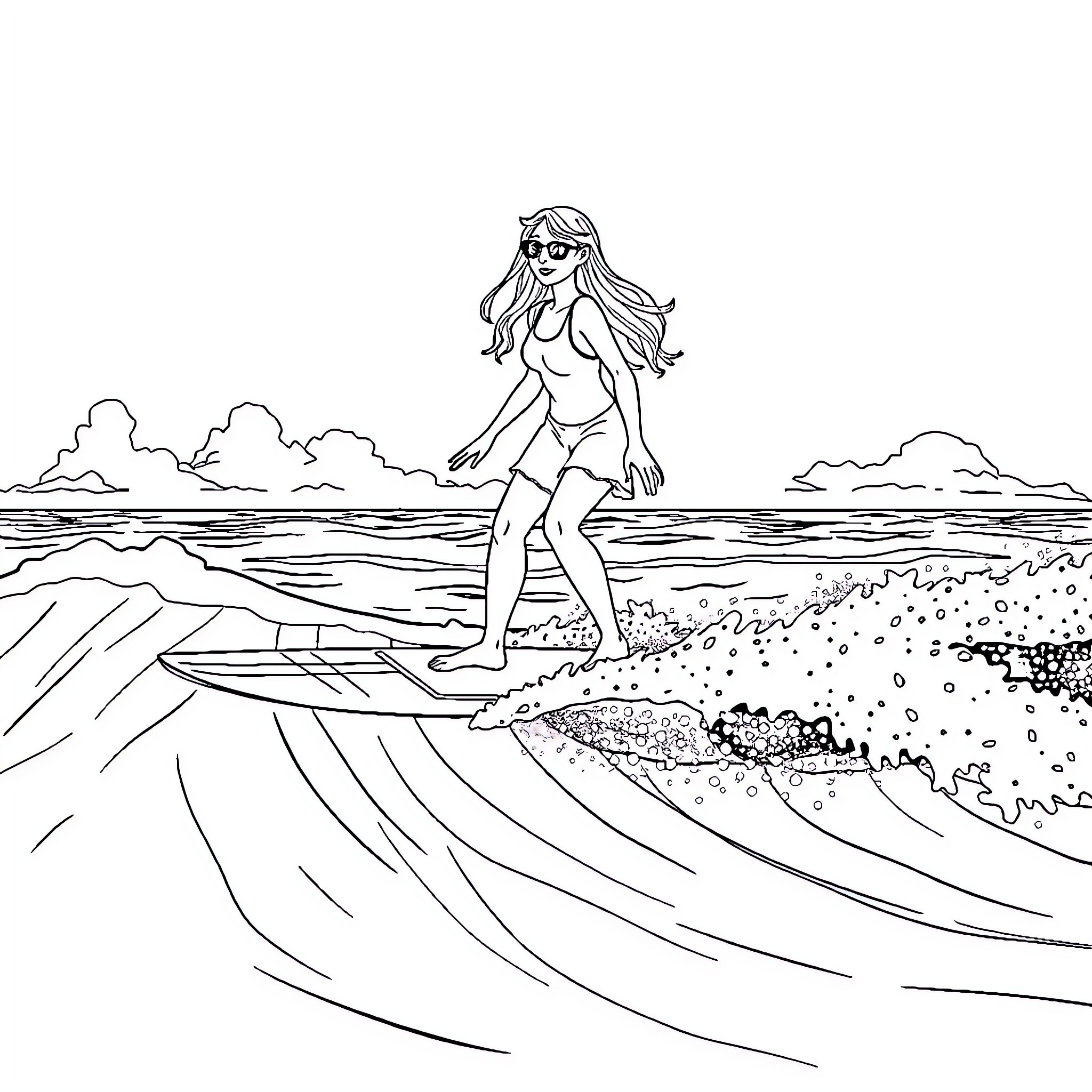 Edda Euromausi surfing the ocean waves Coloring Page (free black-and-white line drawing printable PDF for all, from beginners to advanced learners, including children, teens, adults, and seniors)
