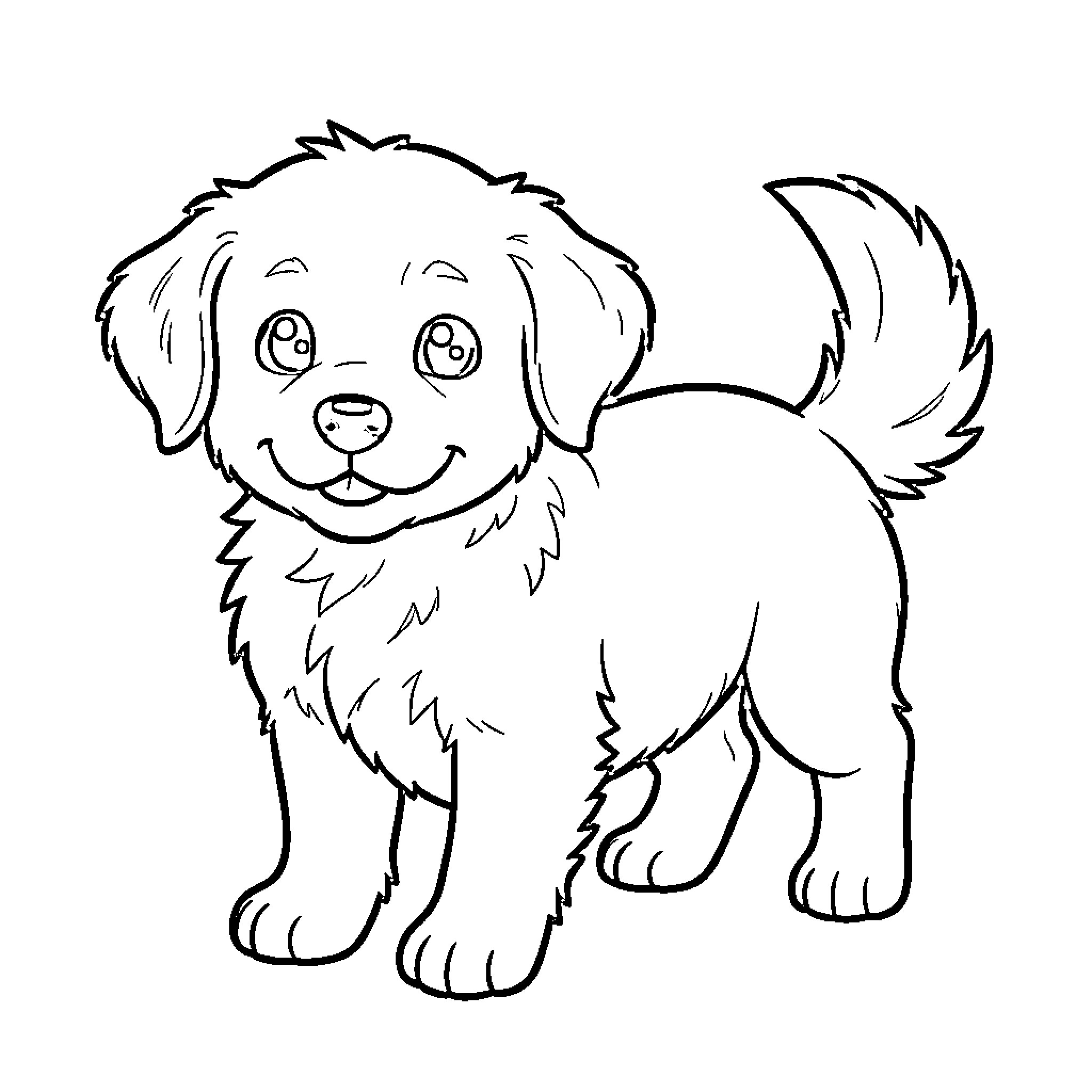 Puppy happily wagging its tail Coloring Page (free black-and-white line drawing printable PDF for all, from beginners to advanced learners, including children, teens, adults, and seniors)