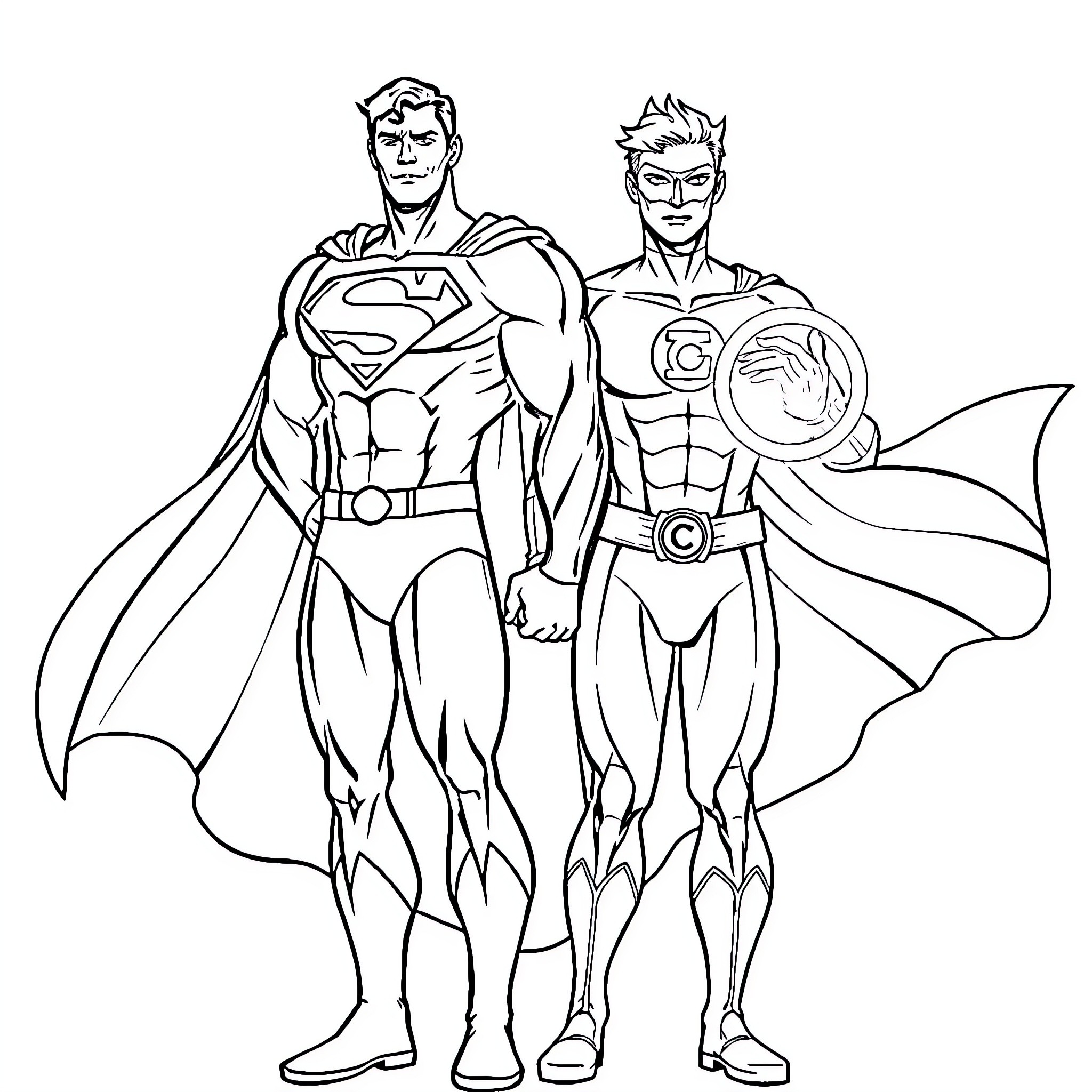 Superman and superhero in heroic poses Coloring Page (free black-and-white line drawing printable PDF for all, from beginners to advanced learners, including children, teens, adults, and seniors)