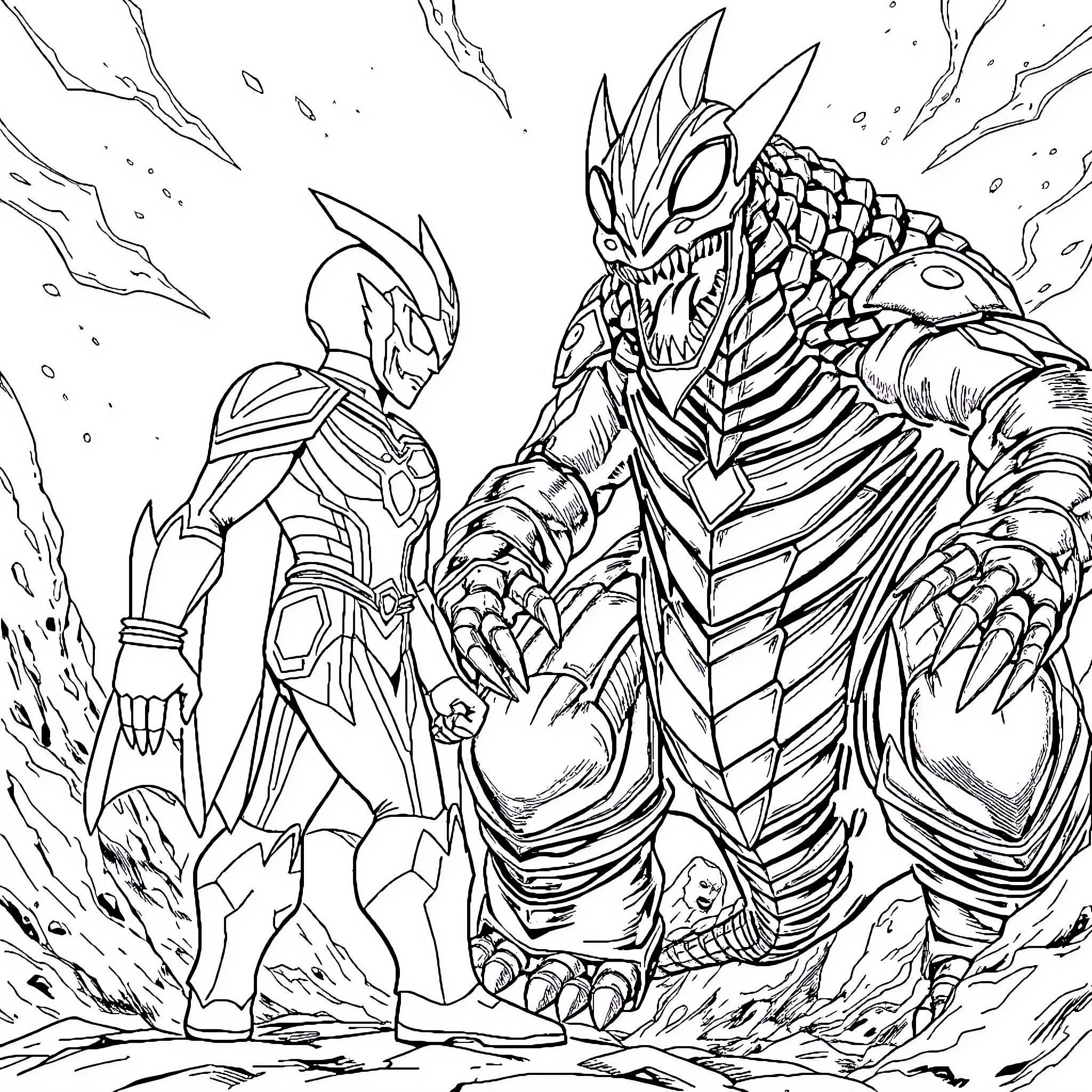 Ultraman facing off against a fearsome kaiju creature Coloring Page (free black-and-white line drawing printable PDF for all, from beginners to advanced learners, including children, teens, adults, and seniors)
