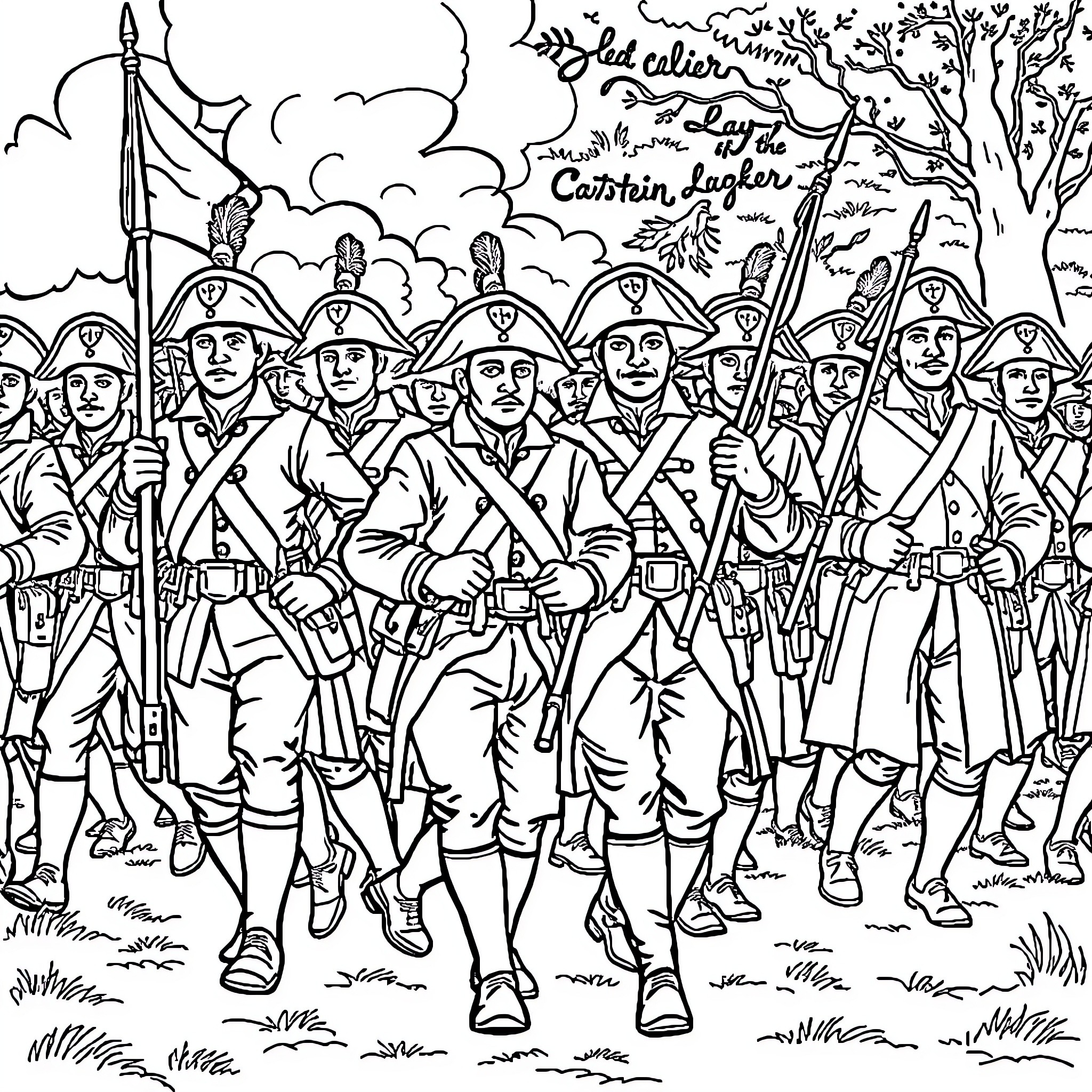 Soldier Unit Marching Through the Battlefield Coloring Page (free black-and-white line drawing printable PDF for all, from beginners to advanced learners, including children, teens, adults, and seniors)
