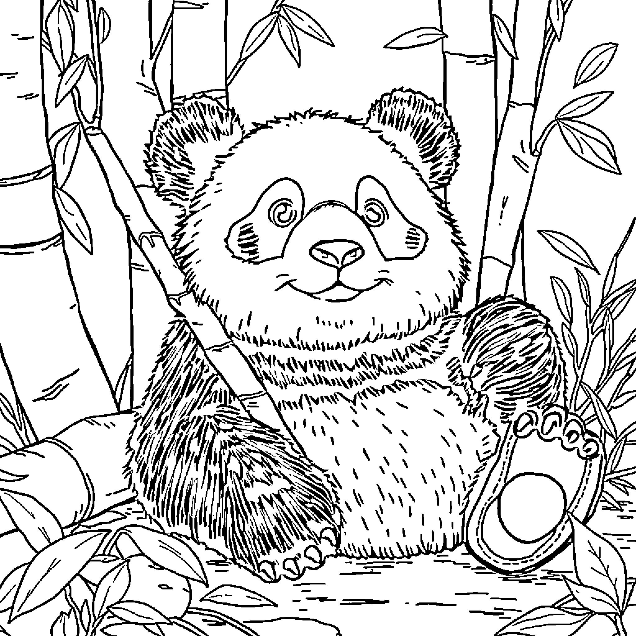 Panda exploring the bamboo forest Coloring Page (free black-and-white line drawing printable PDF for all, from beginners to advanced learners, including children, teens, adults, and seniors)