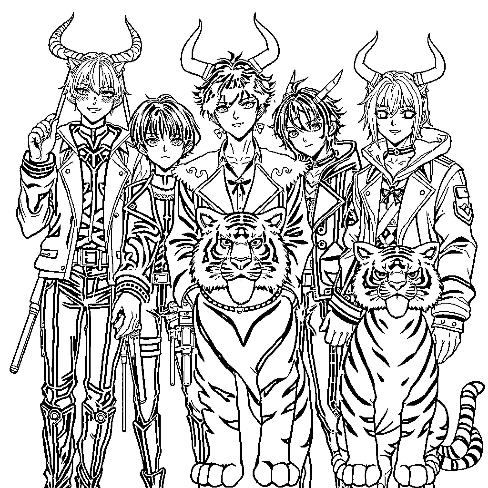 Demon Hunter Group of Characters with Supernatural Elements Coloring Page (free black-and-white line drawing printable PDF for all, from beginners to advanced learners, including children, teens, adults, and seniors)