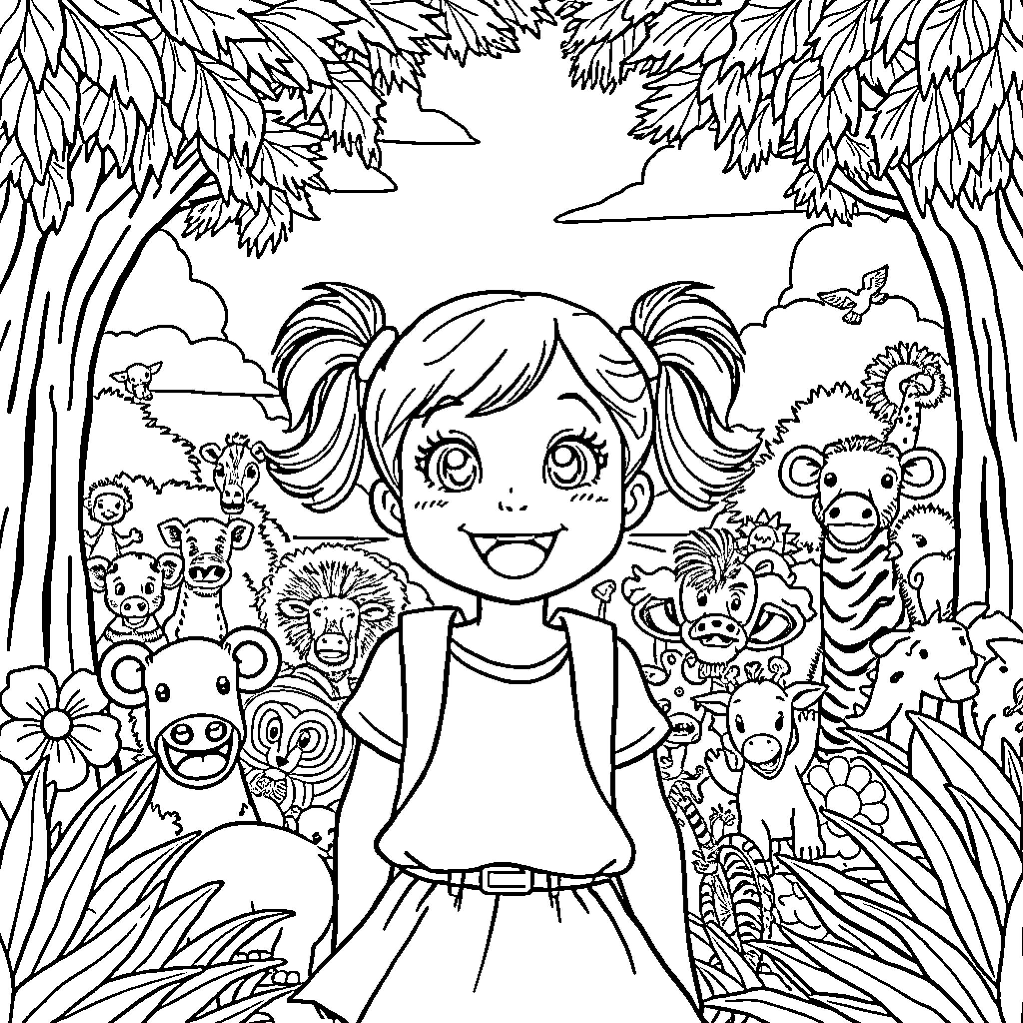 Girl exploring a whimsical animal-filled forest Coloring Page (free black-and-white line drawing printable PDF for all, from beginners to advanced learners, including children, teens, adults, and seniors)