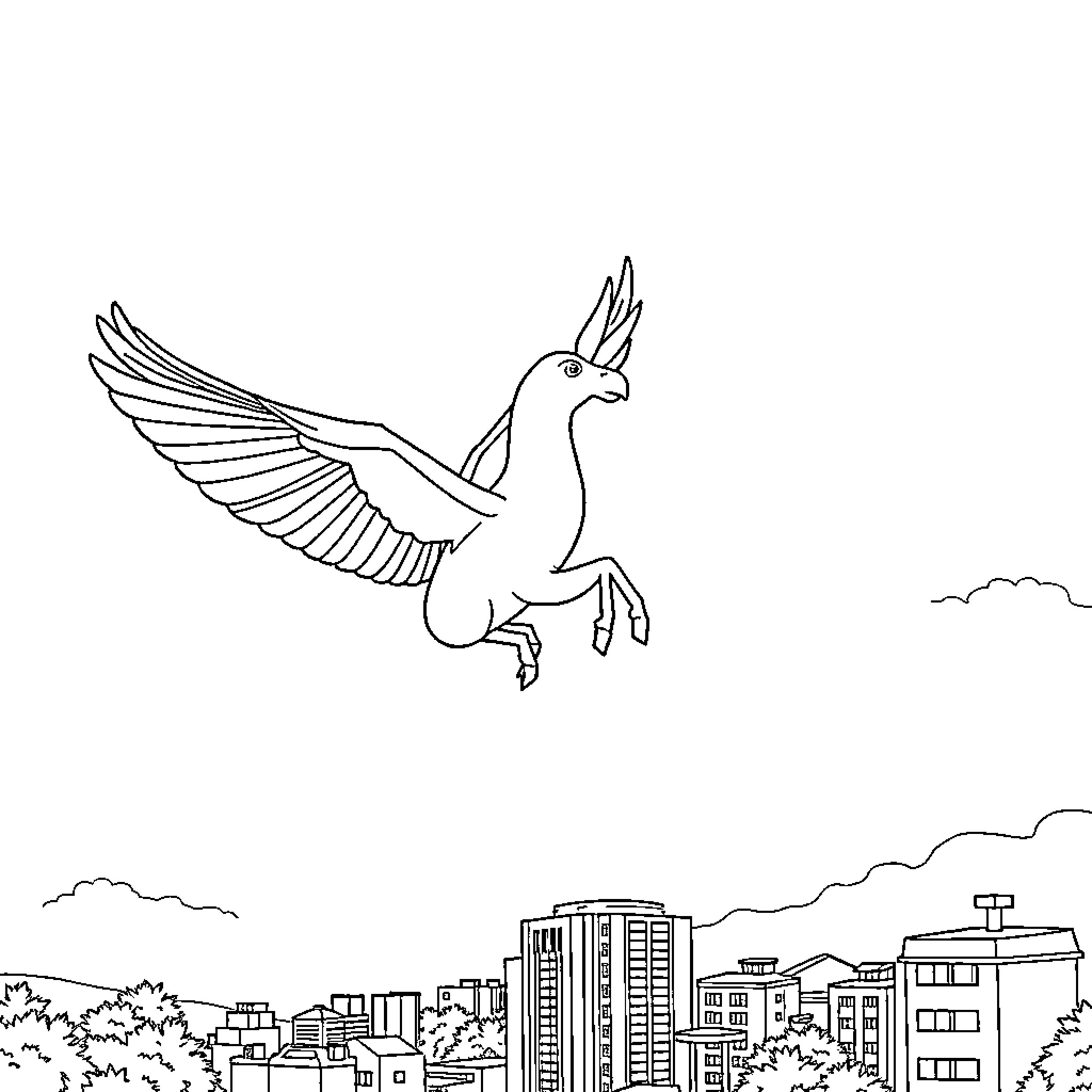 Flying Car Soaring Over Cityscape Coloring Page (free black-and-white line drawing printable PDF for all, from beginners to advanced learners, including children, teens, adults, and seniors)