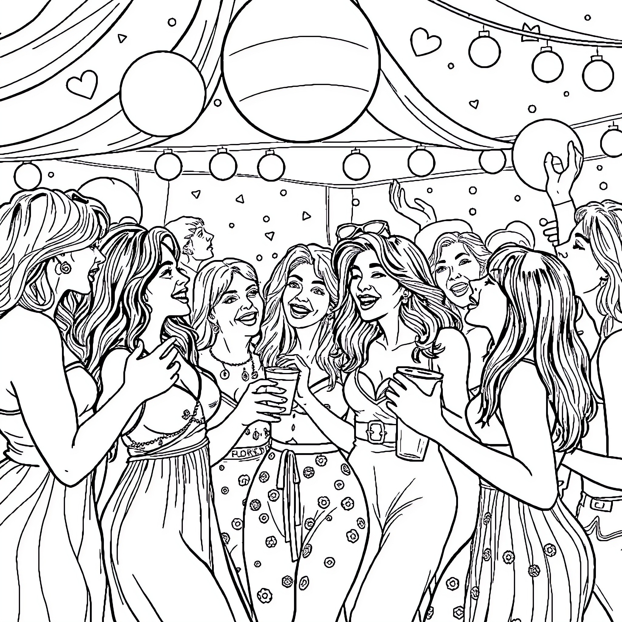 Party Celebration with Lively Expressions and Stylish Outfits Coloring Page (free black-and-white line drawing printable PDF for all, from beginners to advanced learners, including children, teens, adults, and seniors)