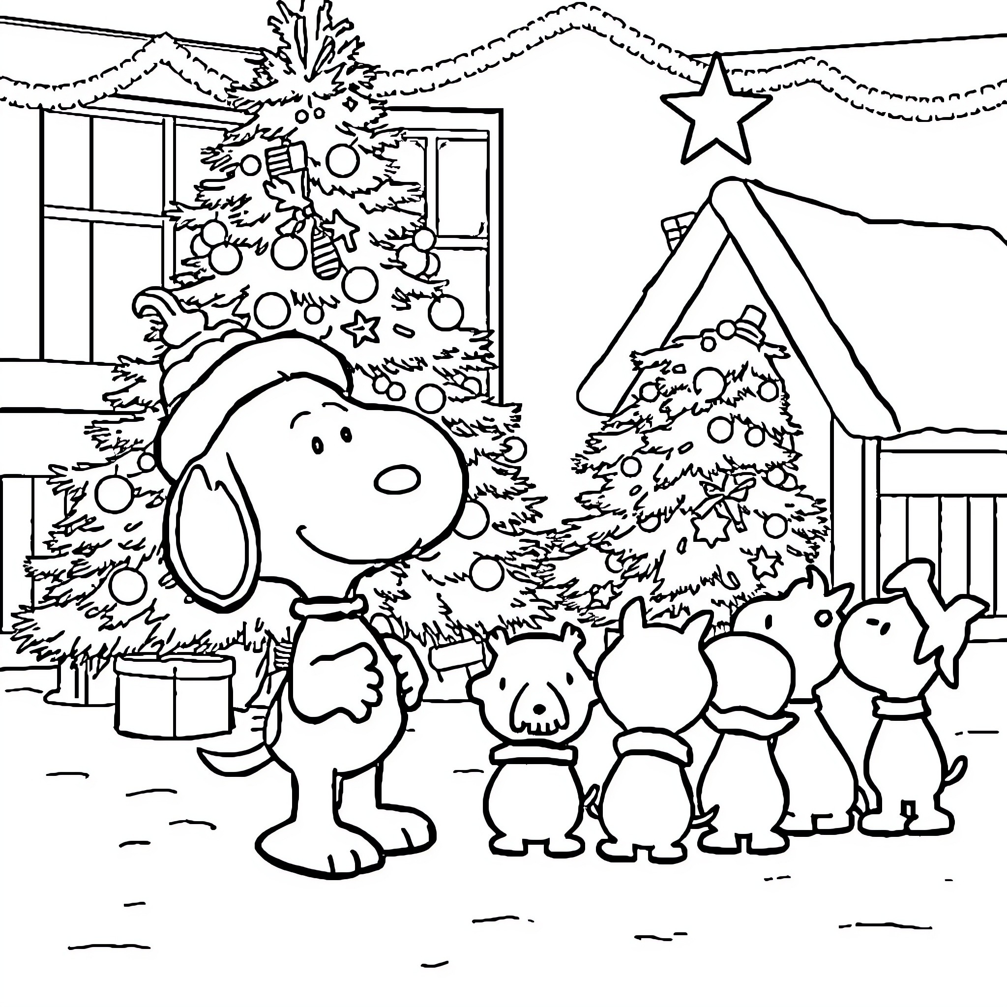 Snoopy and friends celebrate Christmas together Coloring Page (free black-and-white line drawing printable PDF for all, from beginners to advanced learners, including children, teens, adults, and seniors)