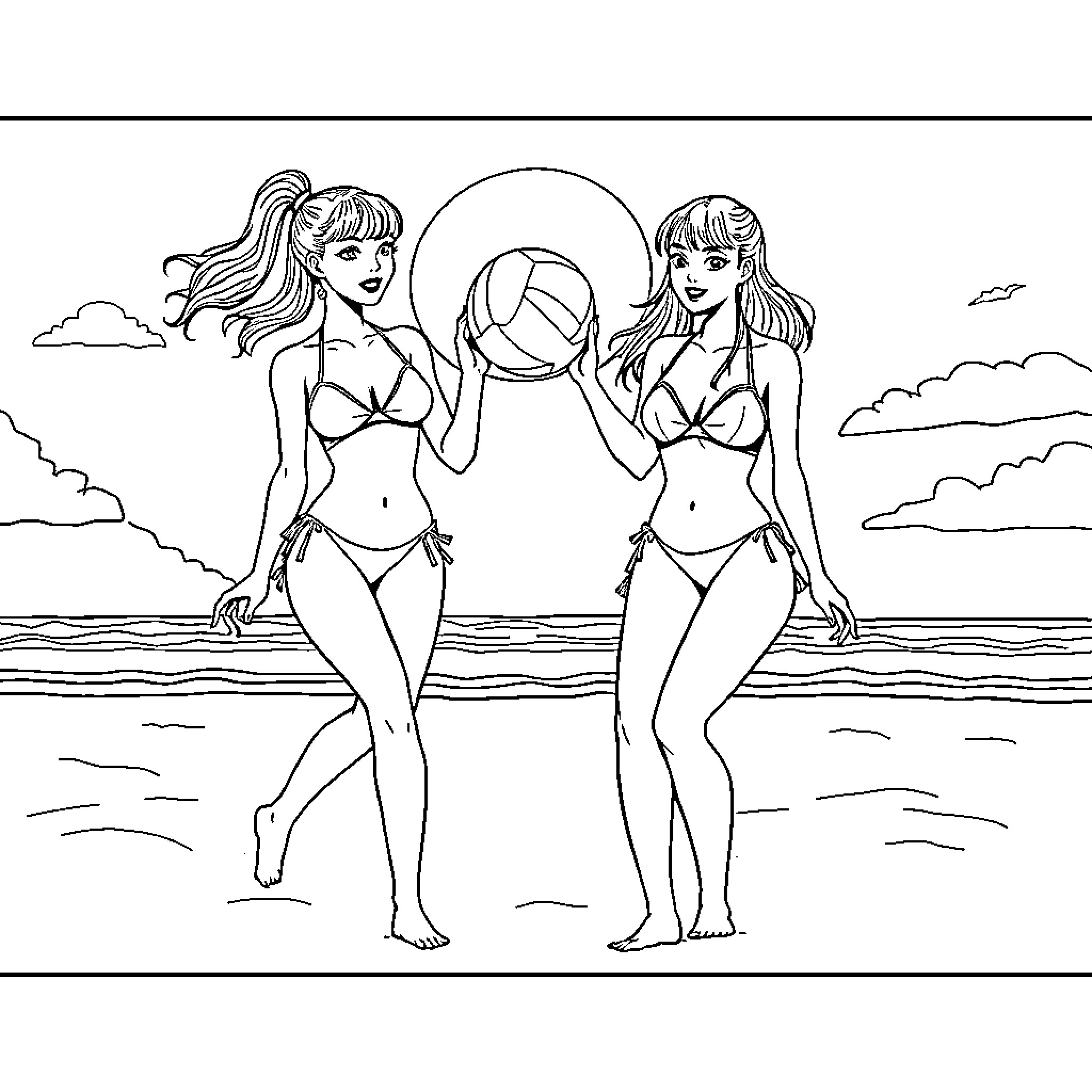 Gerreras Playing Beach Volleyball by the Sea Coloring Page (free black-and-white line drawing printable PDF for all, from beginners to advanced learners, including children, teens, adults, and seniors)