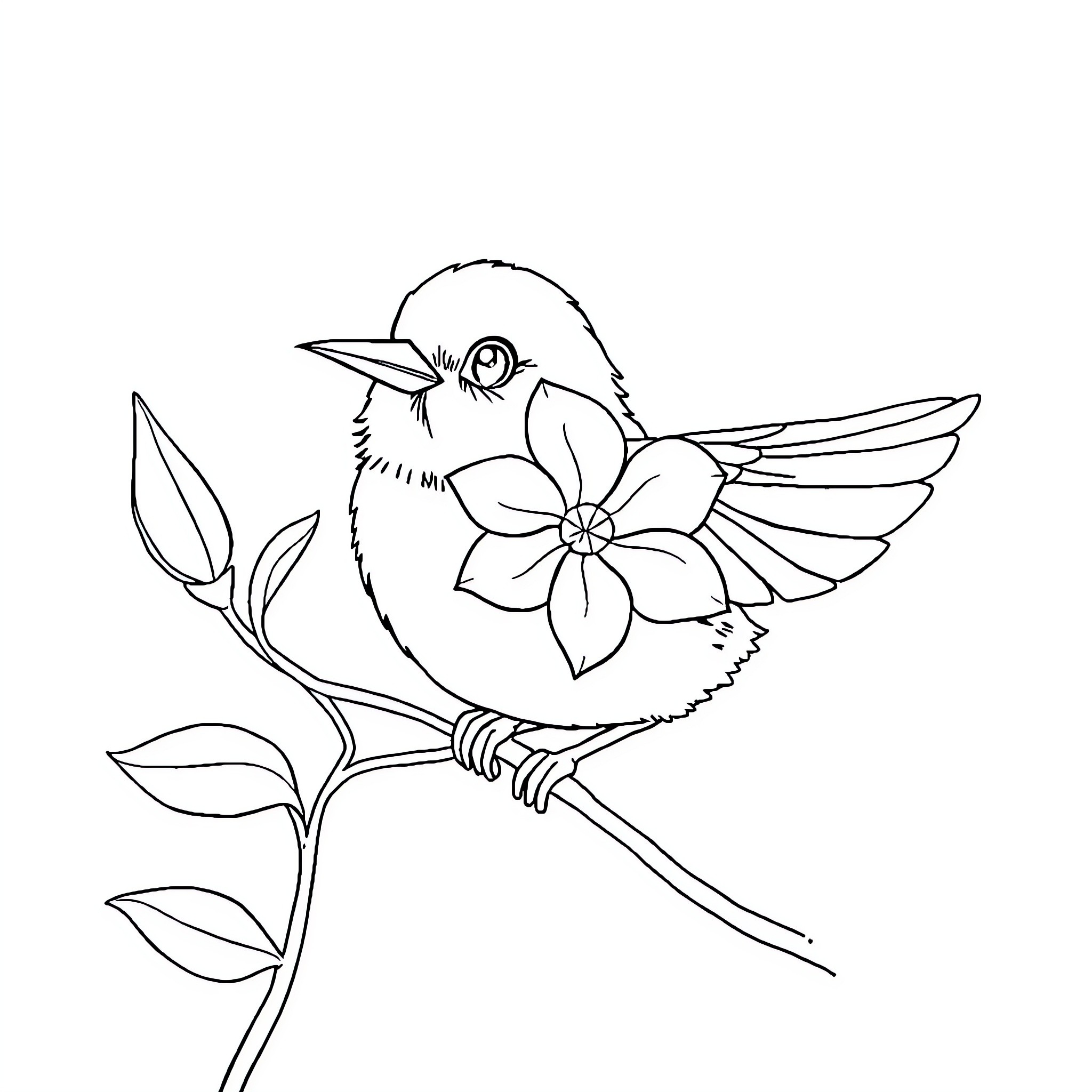 Piolin's Floral Delight: Avian Admirer on a Blooming Branch Coloring Page (free black-and-white line drawing printable PDF for all, from beginners to advanced learners, including children, teens, adults, and seniors)