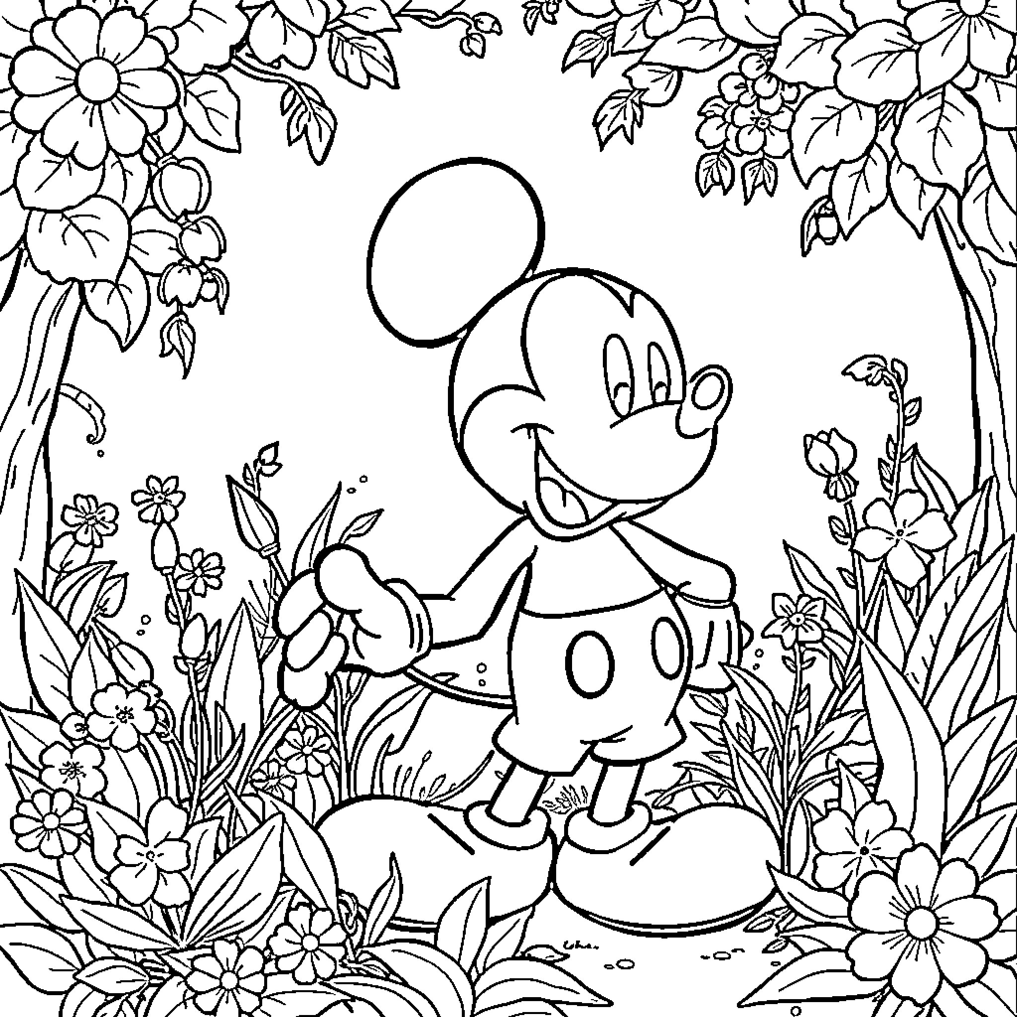 Mickey Mouse surrounded by flowers and plants Coloring Page (free black-and-white line drawing printable PDF for all, from beginners to advanced learners, including children, teens, adults, and seniors)