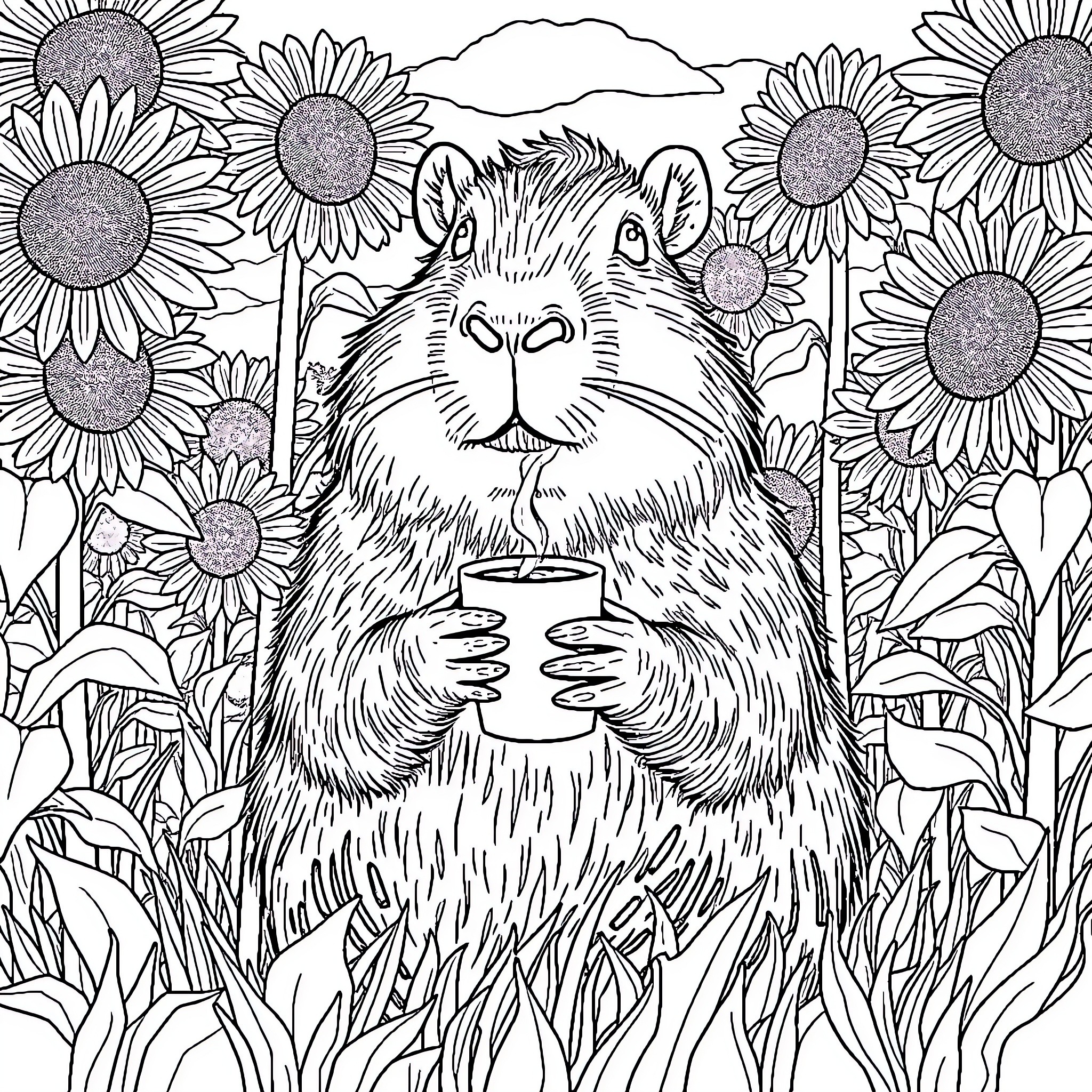 Capybara enjoying tea surrounded by sunflowers Coloring Page (free black-and-white line drawing printable PDF for all, from beginners to advanced learners, including children, teens, adults, and seniors)