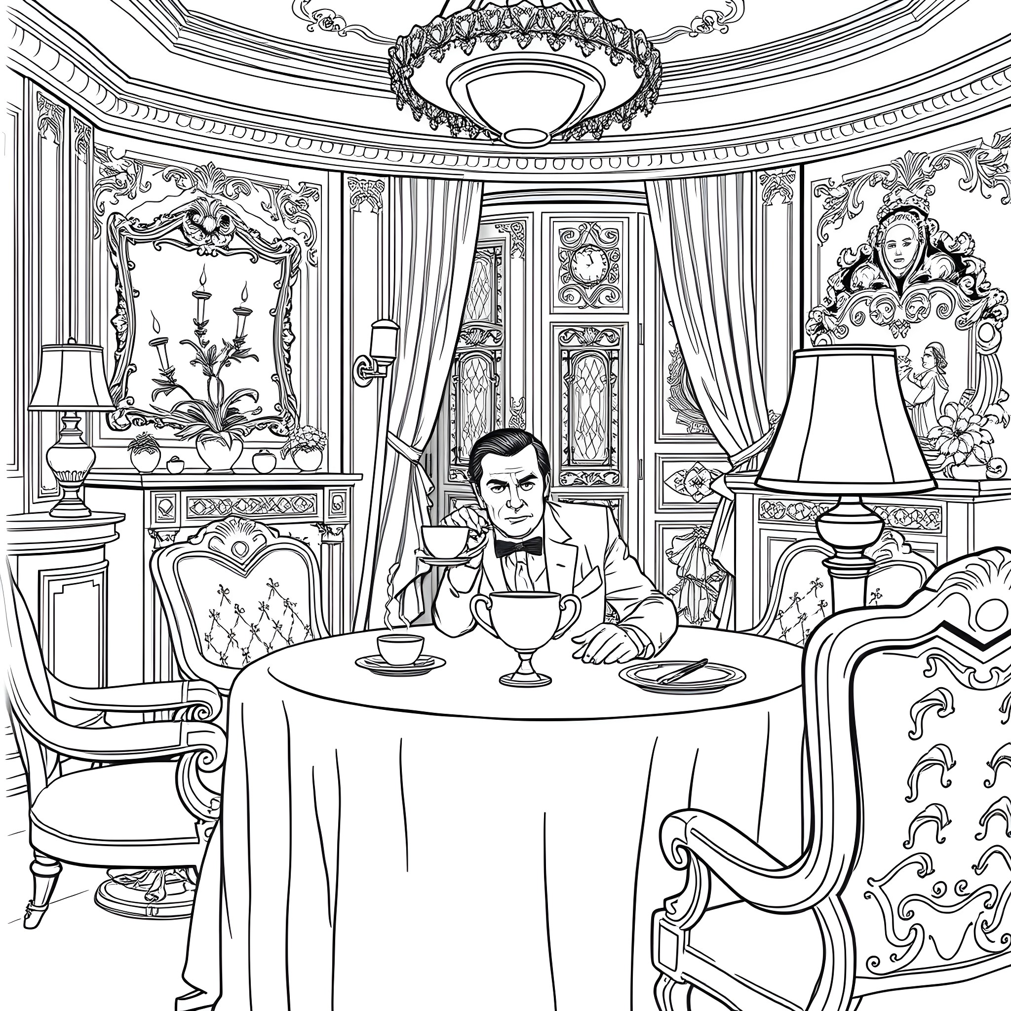 Tony Soprano enjoying afternoon tea in his ornate mansion Coloring Page (free black-and-white line drawing printable PDF for all, from beginners to advanced learners, including children, teens, adults, and seniors)