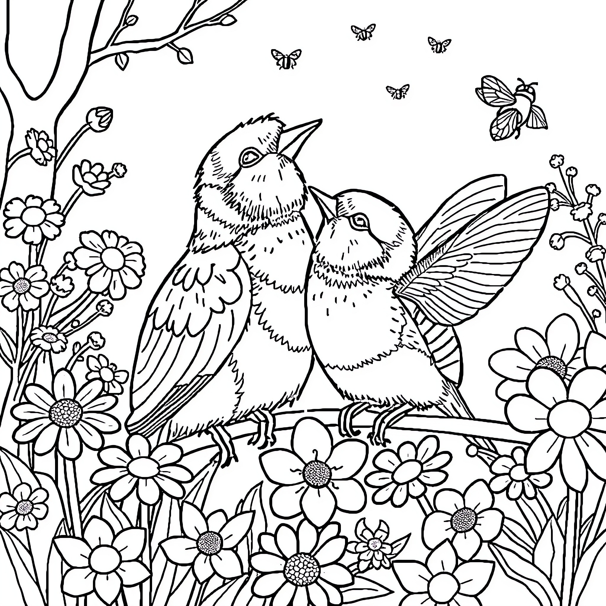 Birds enjoying a floral paradise Coloring Page (free black-and-white line drawing printable PDF for all, from beginners to advanced learners, including children, teens, adults, and seniors)
