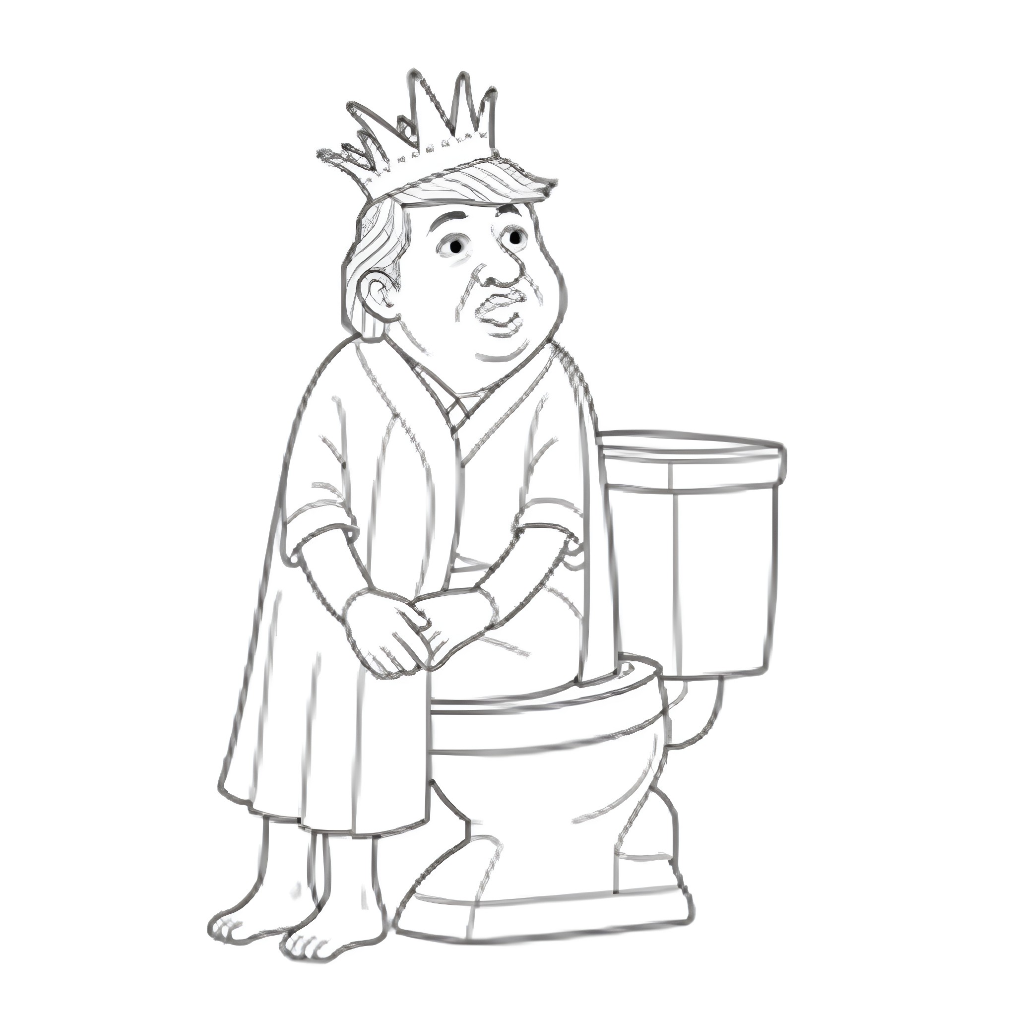 Donald Trump sitting on a toilet wearing a crown Coloring Page (free black-and-white line drawing printable PDF for all, from beginners to advanced learners, including children, teens, adults, and seniors)