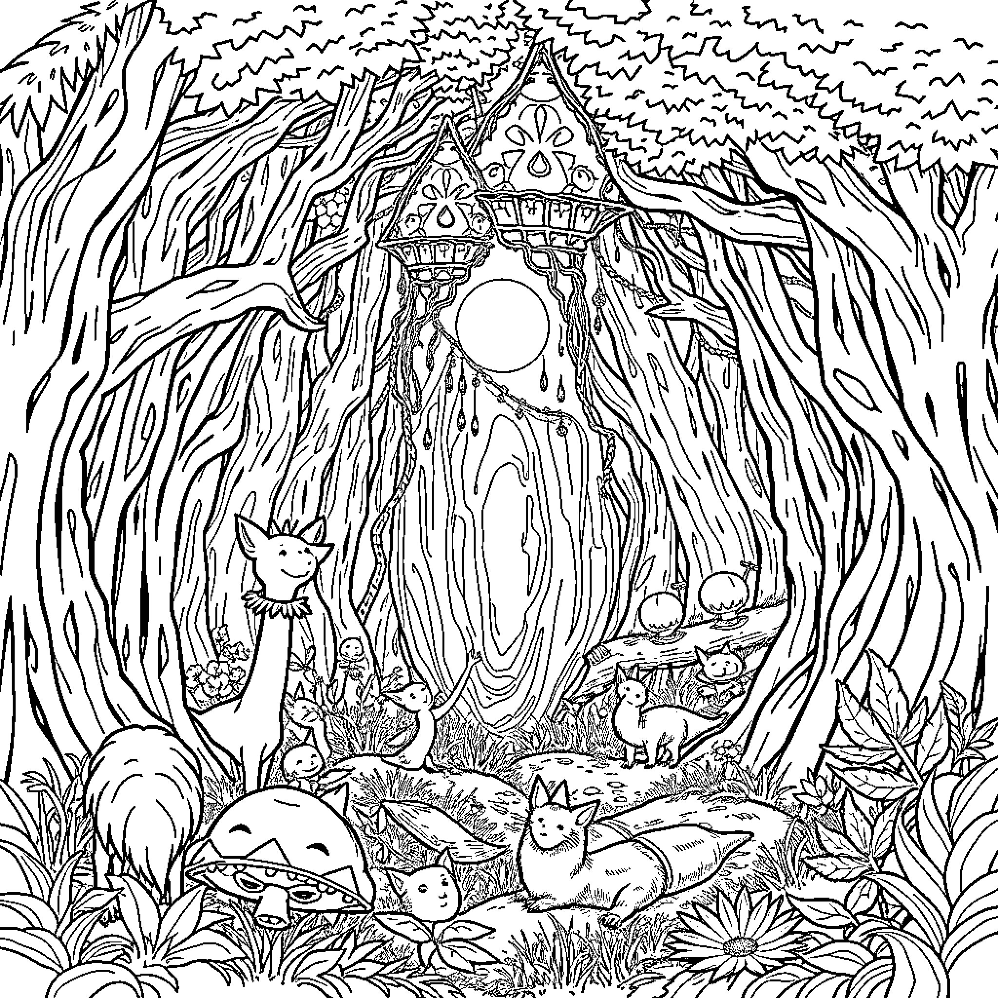 Character exploring mysterious enchanted forest scene Coloring Page (free black-and-white line drawing printable PDF for all, from beginners to advanced learners, including children, teens, adults, and seniors)