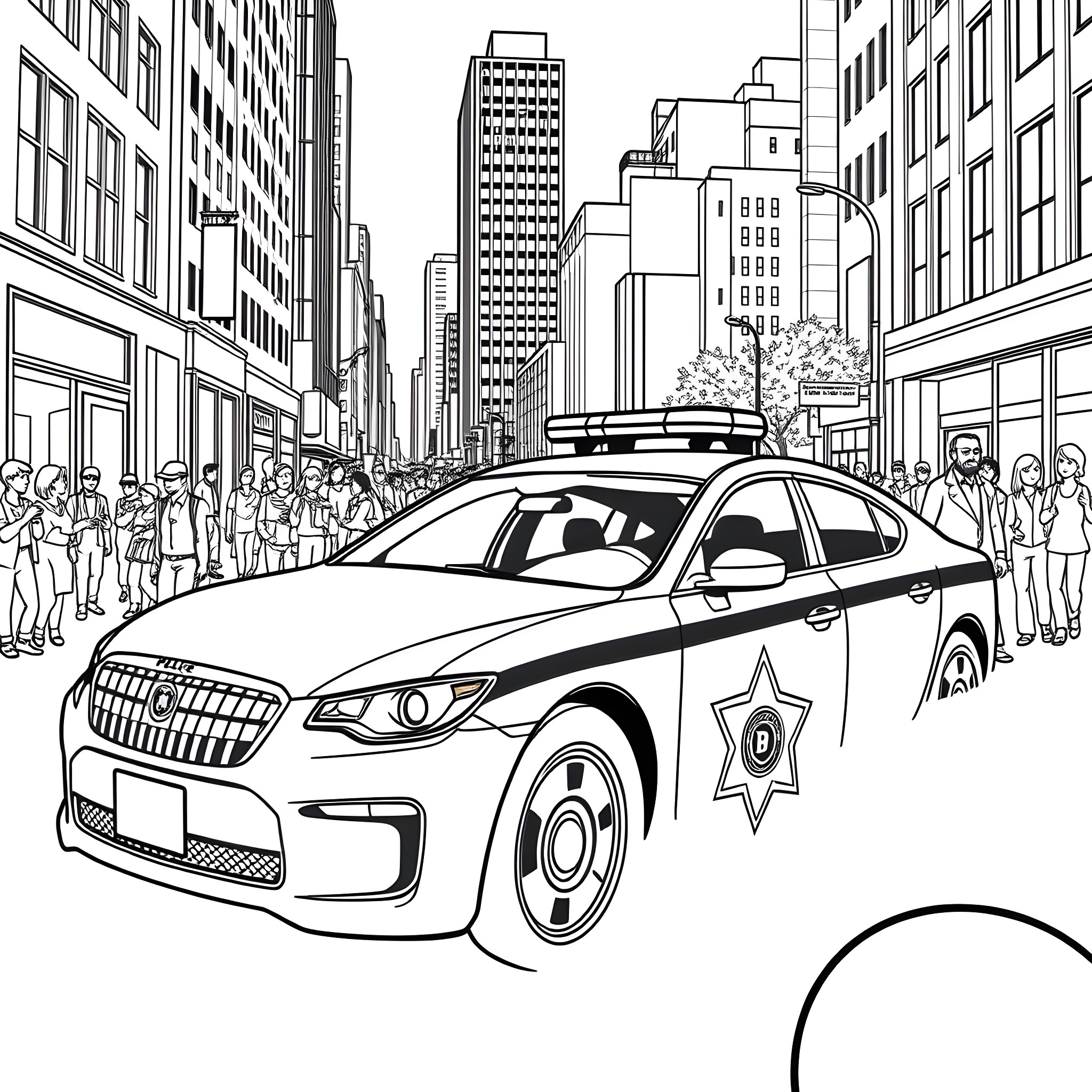 Police Car Responding to an Incident in the City Coloring Page (free black-and-white line drawing printable PDF for all, from beginners to advanced learners, including children, teens, adults, and seniors)