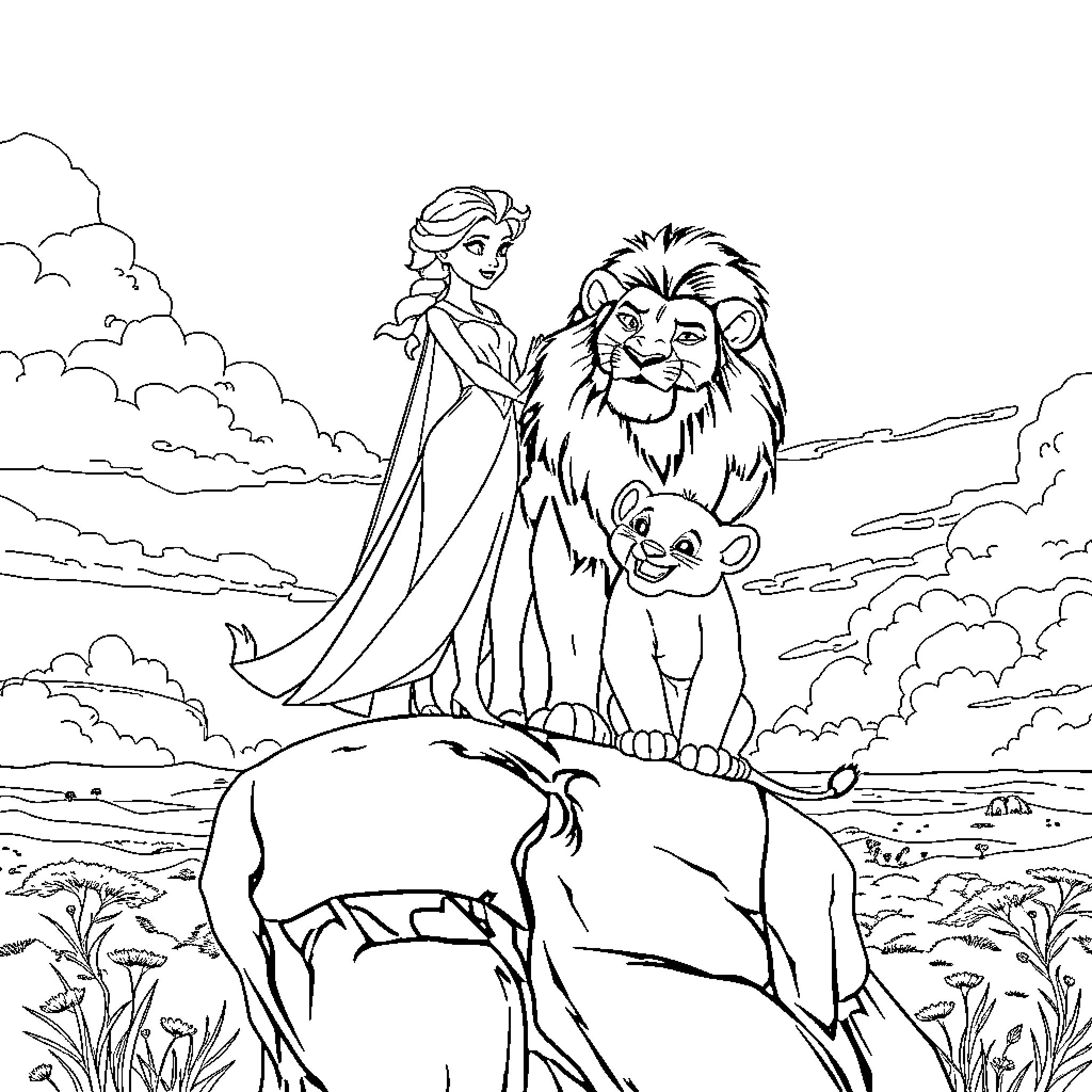 Elsa's Adventure with Lion King Companions Coloring Page (free black-and-white line drawing printable PDF for all, from beginners to advanced learners, including children, teens, adults, and seniors)