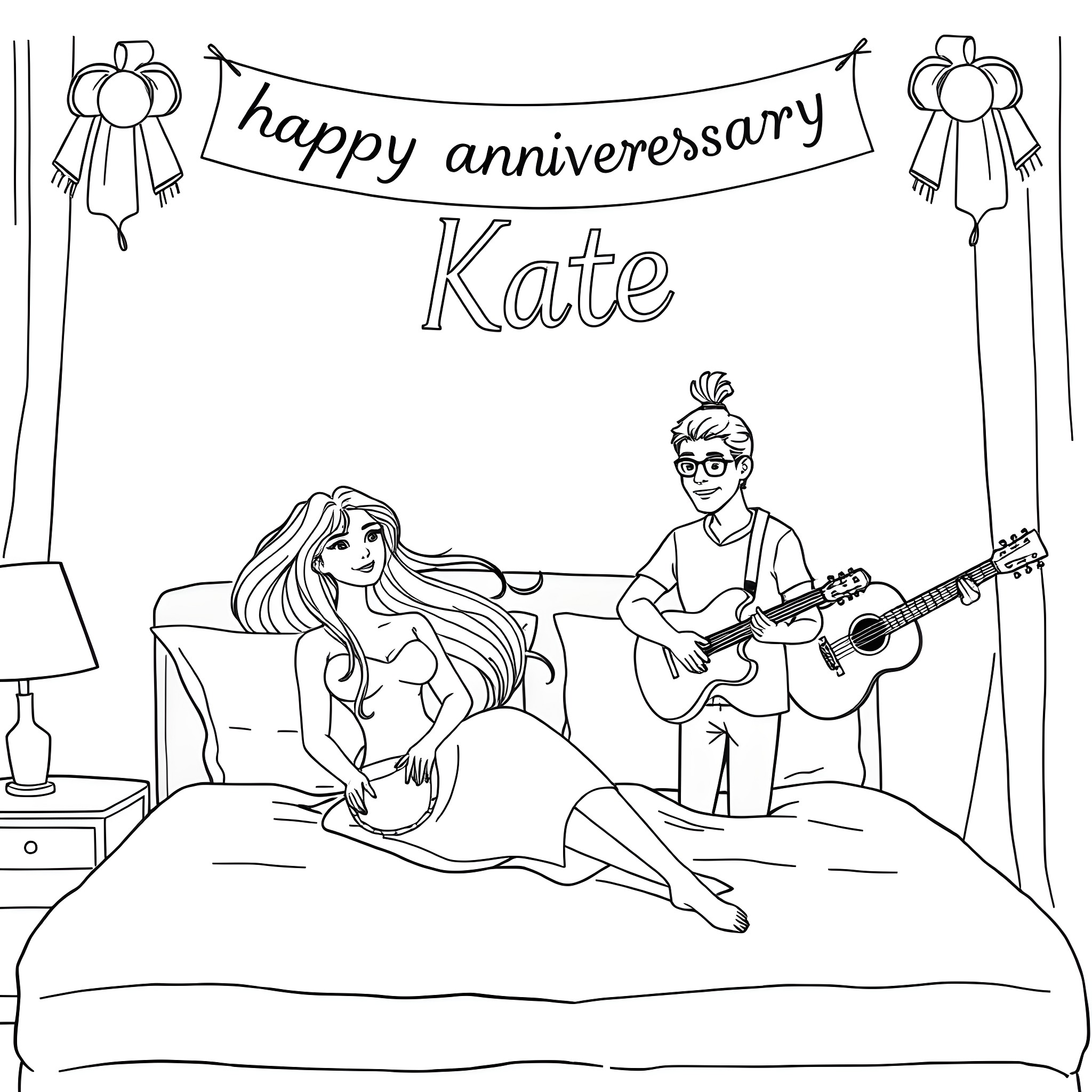 Woman celebrating happy anniversary with guitar performance Coloring Page (free black-and-white line drawing printable PDF for all, from beginners to advanced learners, including children, teens, adults, and seniors)