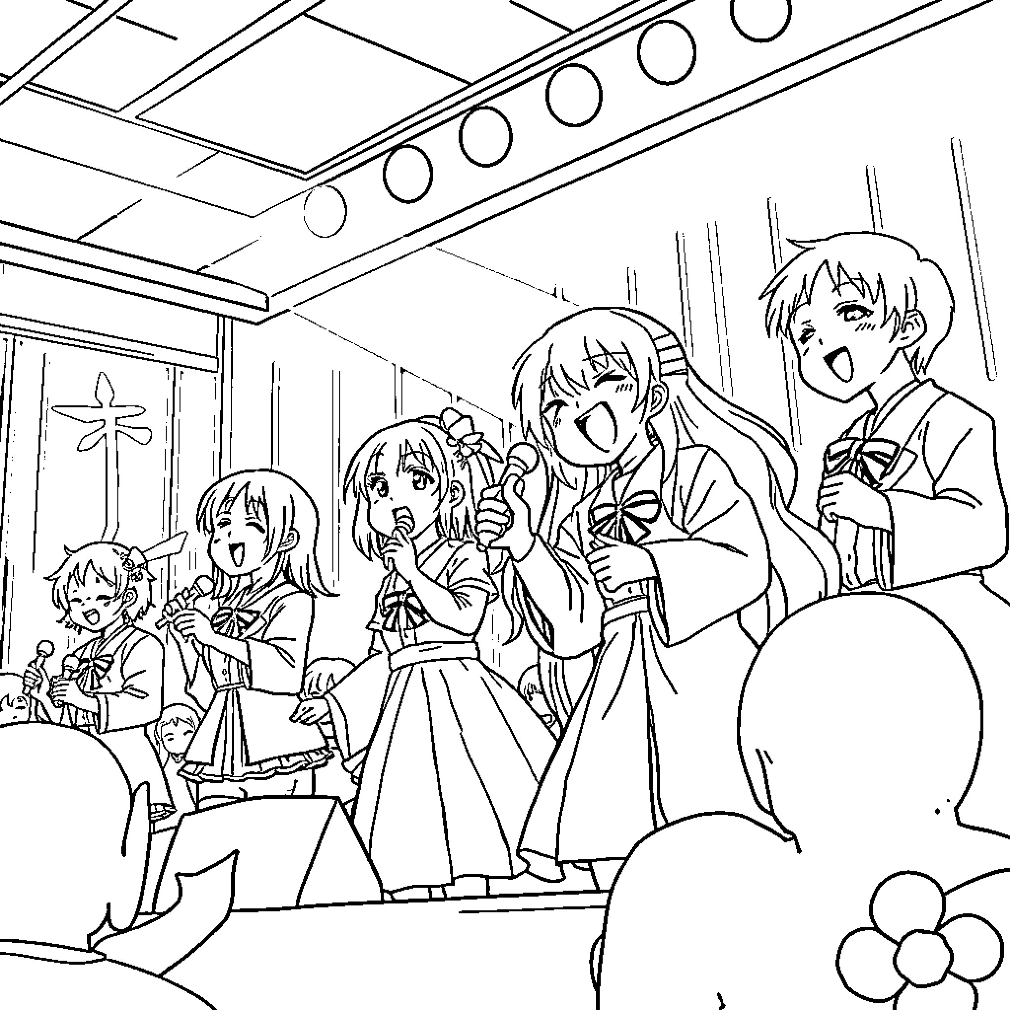 Anime group of friends celebrating in a festive setting Coloring Page (free black-and-white line drawing printable PDF for all, from beginners to advanced learners, including children, teens, adults, and seniors)