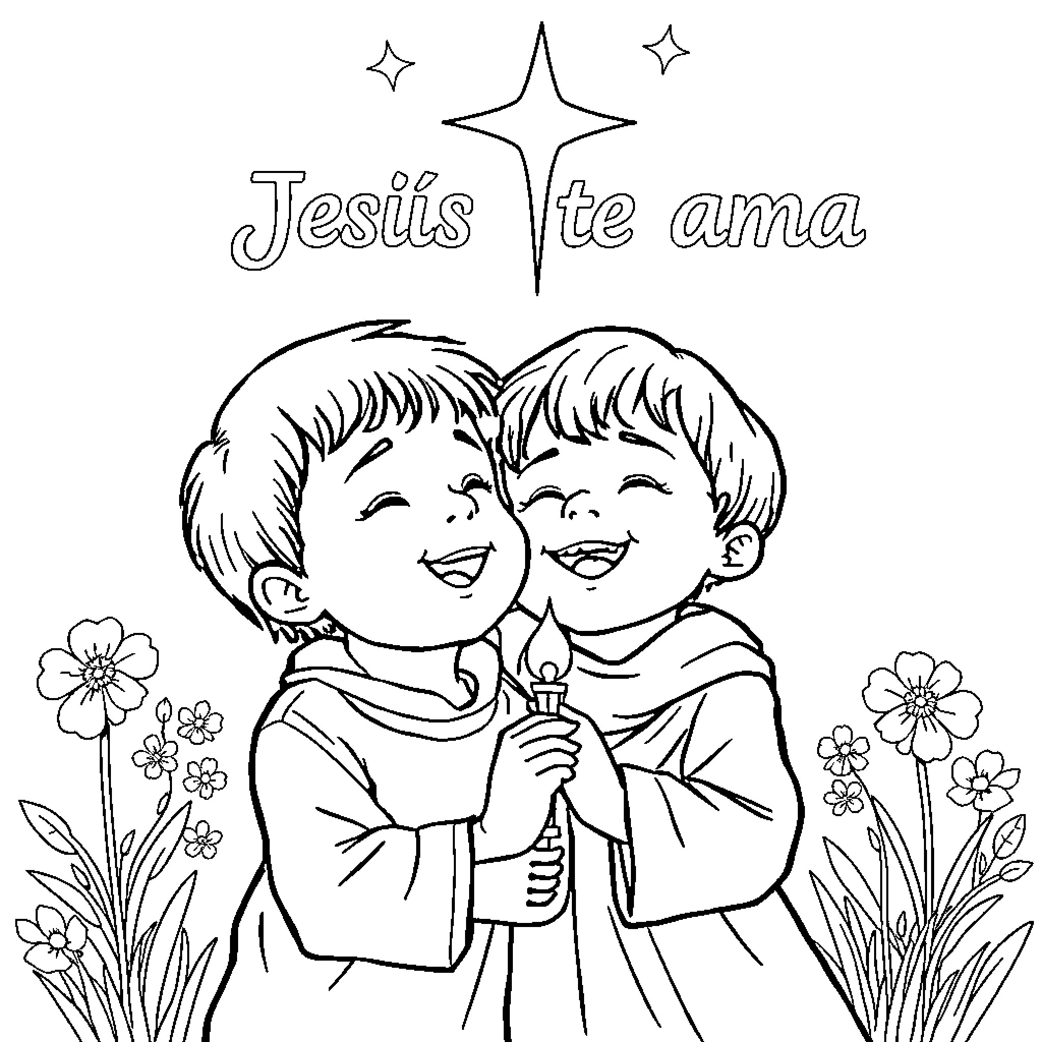 Niños felices en el jardín con Jesús Coloring Page (free black-and-white line drawing printable PDF for all, from beginners to advanced learners, including children, teens, adults, and seniors)