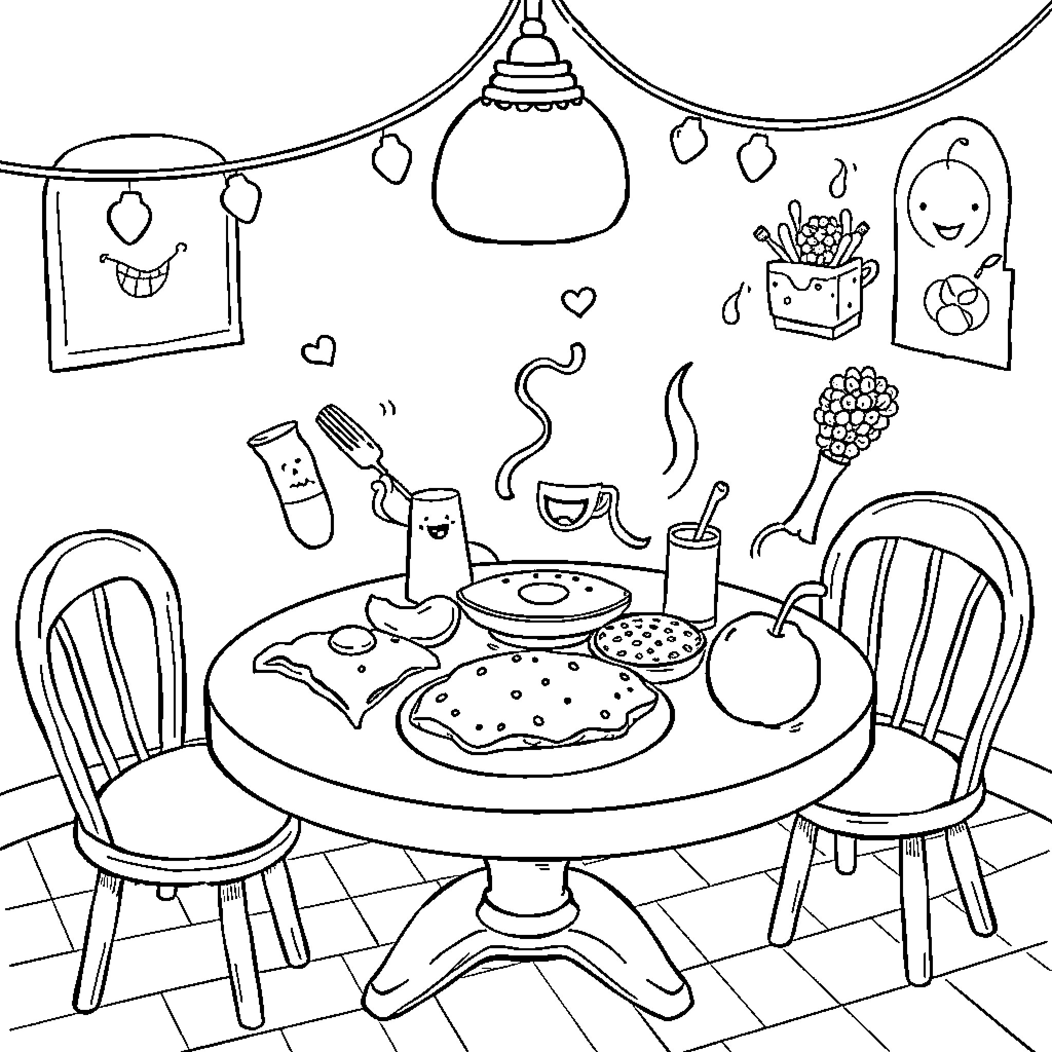 Breakfast Food Enjoyment with Cheerful Decor Coloring Page (free black-and-white line drawing printable PDF for all, from beginners to advanced learners, including children, teens, adults, and seniors)