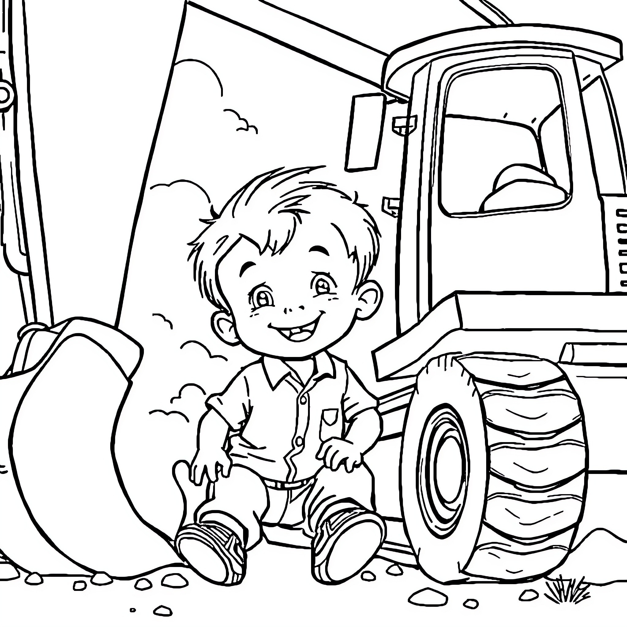 Excavator operator happily at work on construction site Coloring Page (free black-and-white line drawing printable PDF for all, from beginners to advanced learners, including children, teens, adults, and seniors)