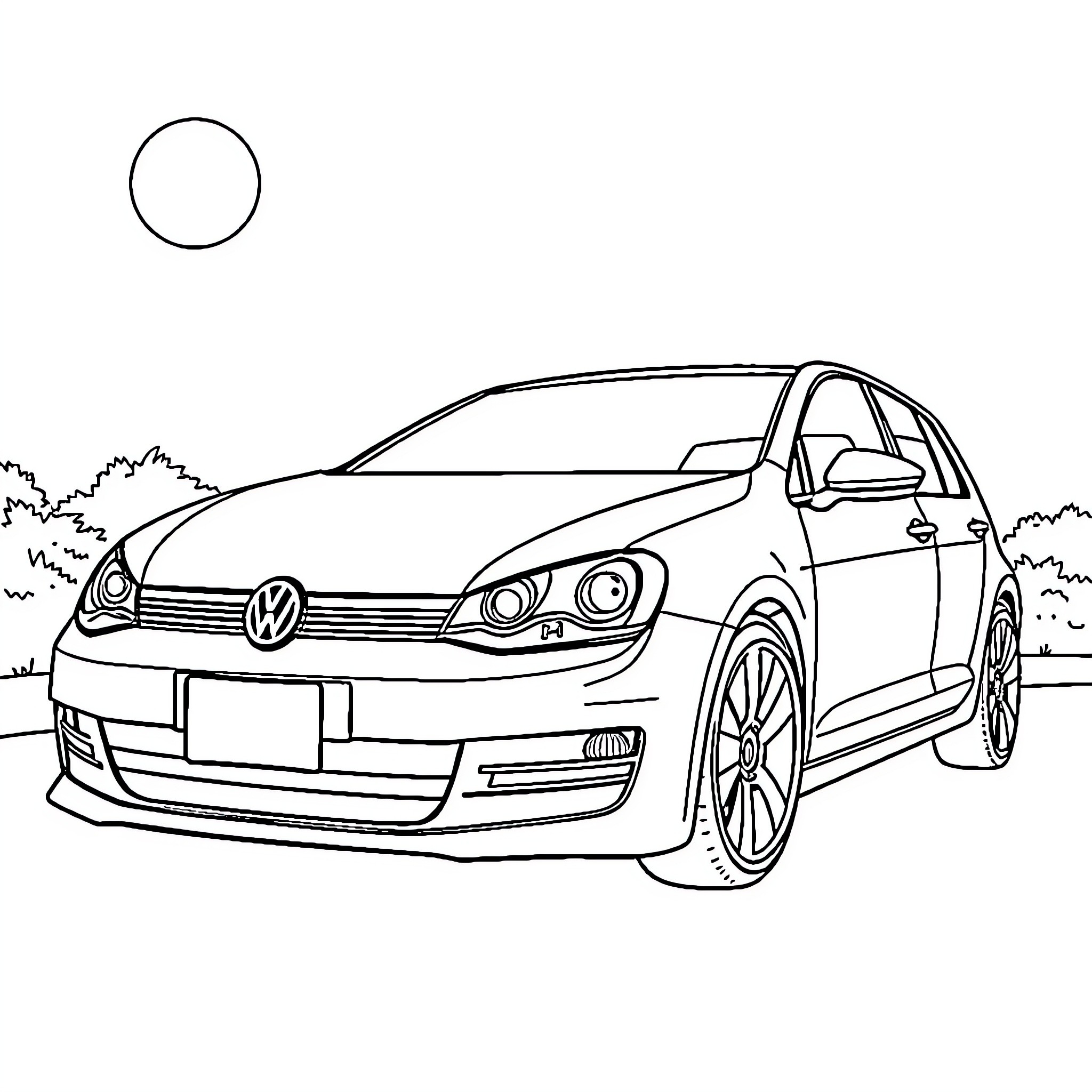 Golf Car Driving on a Scenic Road Coloring Page (free black-and-white line drawing printable PDF for all, from beginners to advanced learners, including children, teens, adults, and seniors)