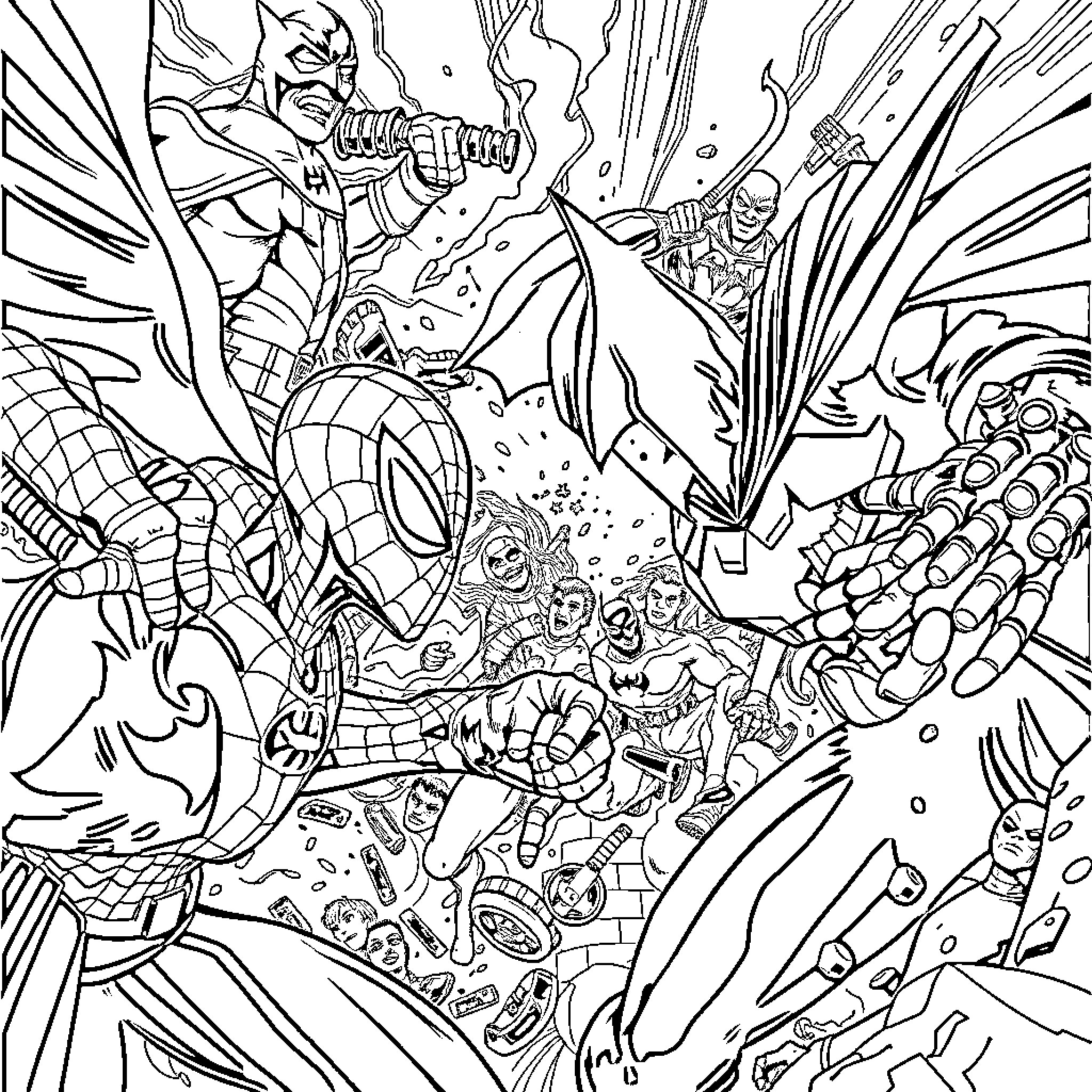 Marvel vs DC: Heroes and Villains in Epic Battle Coloring Page (free black-and-white line drawing printable PDF for all, from beginners to advanced learners, including children, teens, adults, and seniors)