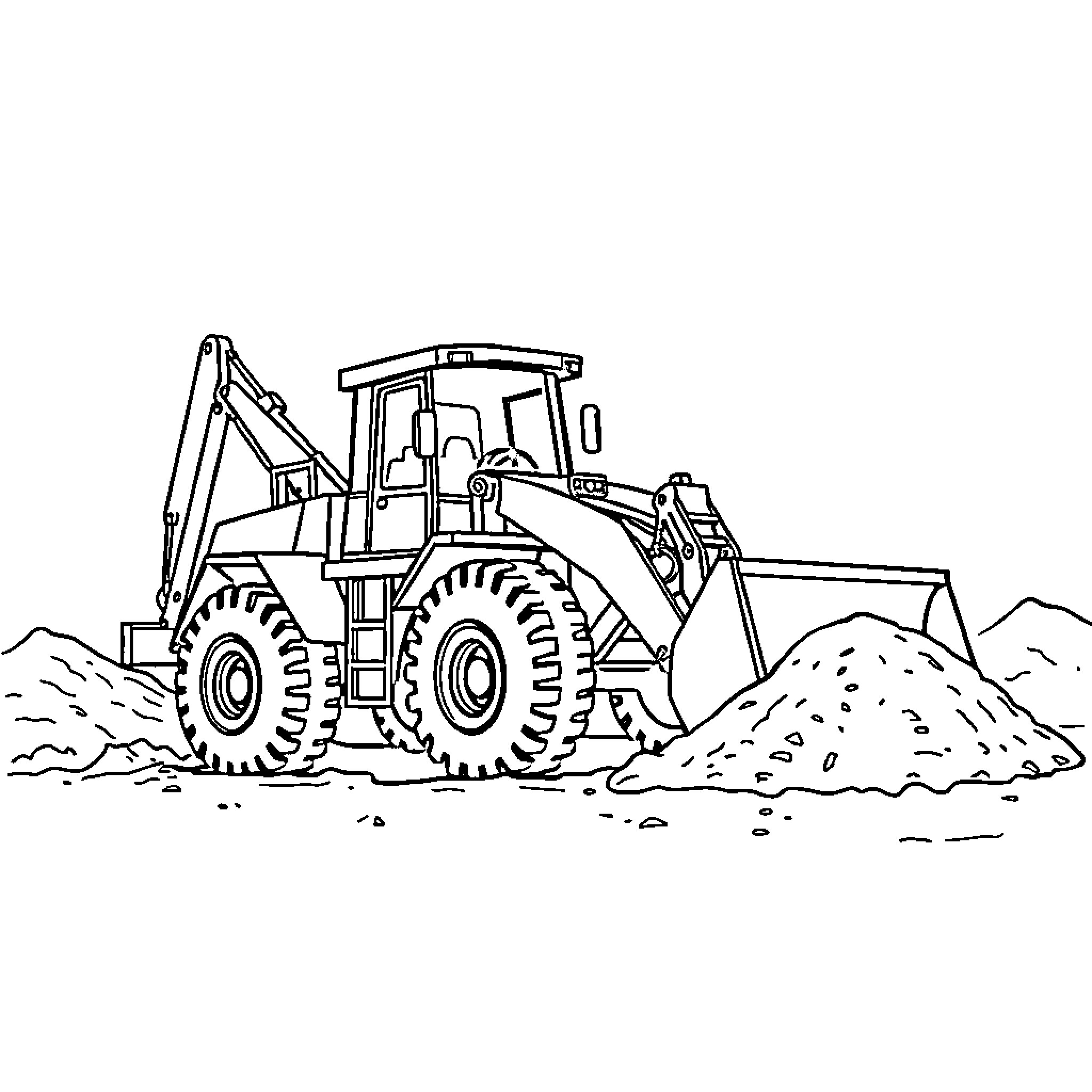 Digger working on construction site Coloring Page (free black-and-white line drawing printable PDF for all, from beginners to advanced learners, including children, teens, adults, and seniors)