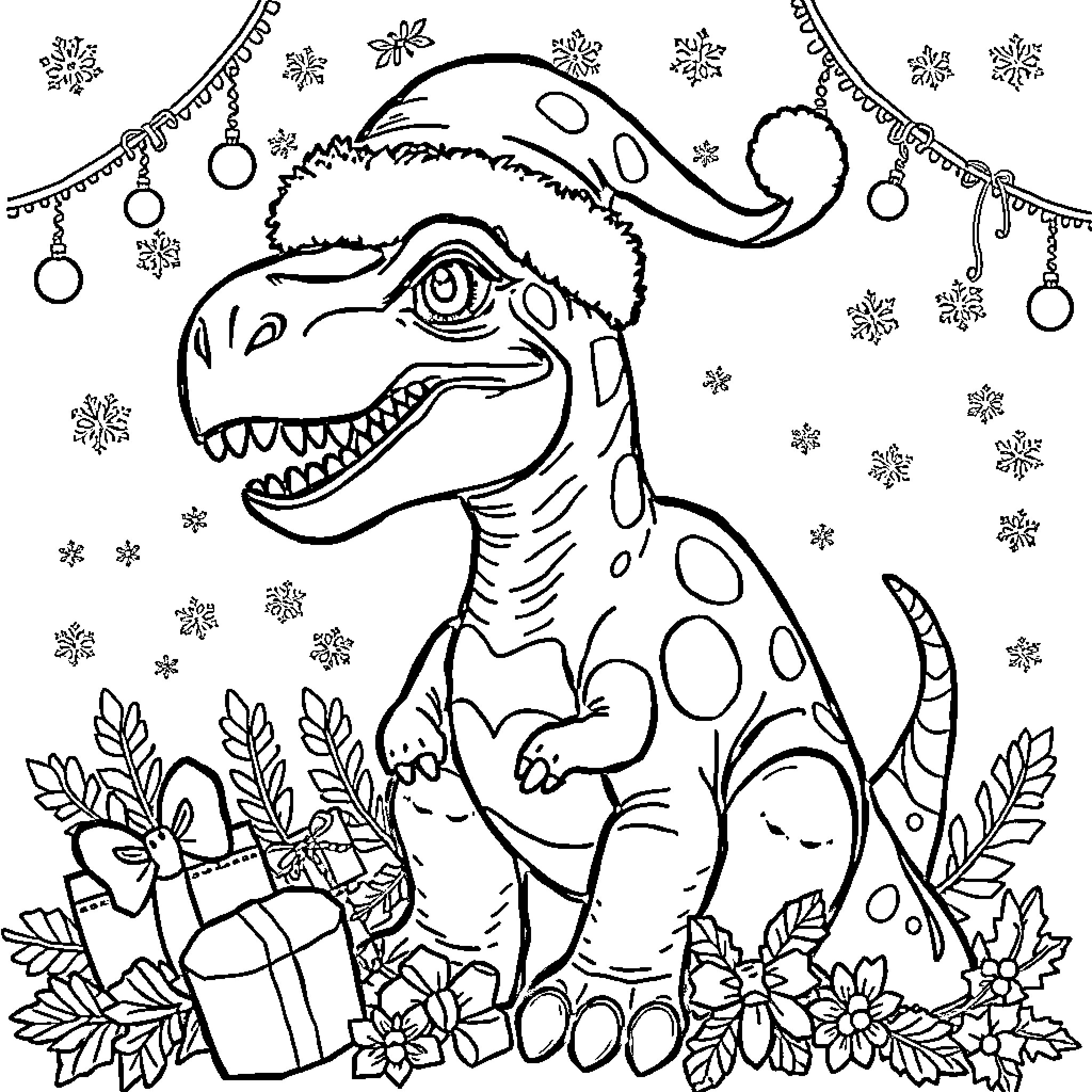 Dinosaur in winter wonderland with Christmas ornaments Coloring Page (free black-and-white line drawing printable PDF for all, from beginners to advanced learners, including children, teens, adults, and seniors)