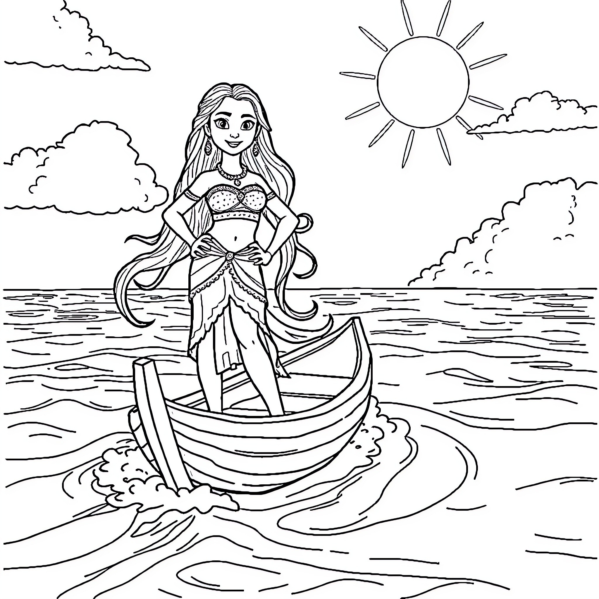 Vaiana sailing on the ocean under the sun Coloring Page (free black-and-white line drawing printable PDF for all, from beginners to advanced learners, including children, teens, adults, and seniors)