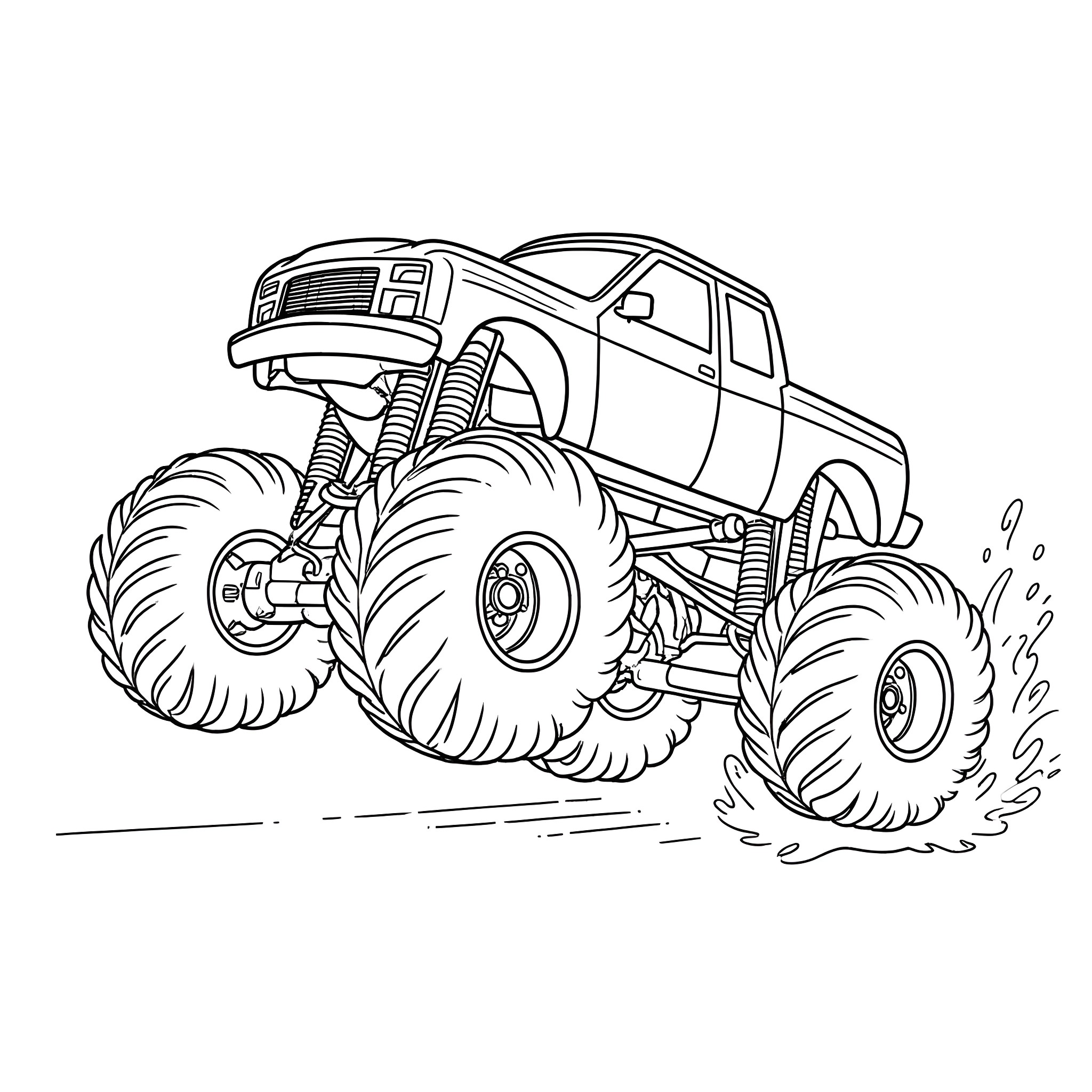 Monstertruck Crushing the Ground with Massive Wheels Coloring Page (free black-and-white line drawing printable PDF for all, from beginners to advanced learners, including children, teens, adults, and seniors)