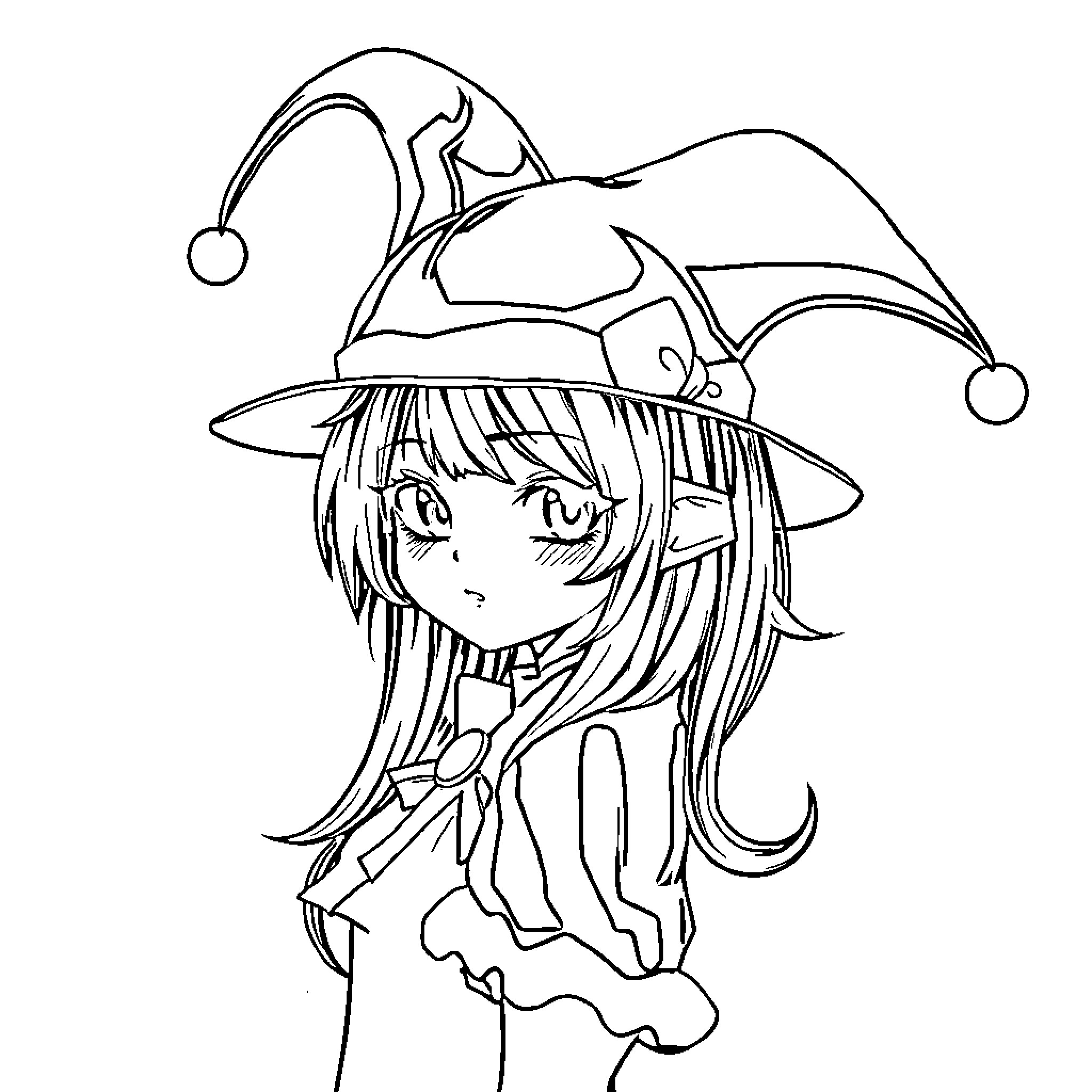 Kuromi wearing a playful jester hat and dress Coloring Page (free black-and-white line drawing printable PDF for all, from beginners to advanced learners, including children, teens, adults, and seniors)